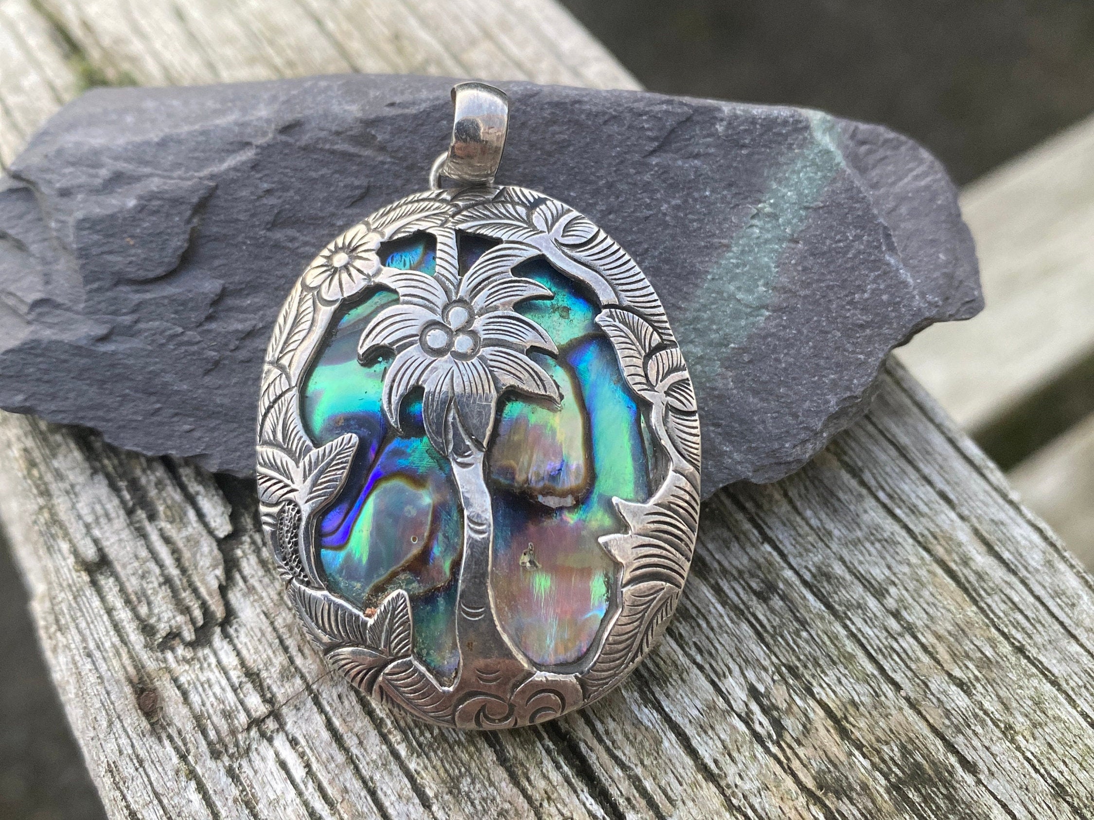 Vintage Silver Abalone & Black Onyx Tropical Reversible Pendant .