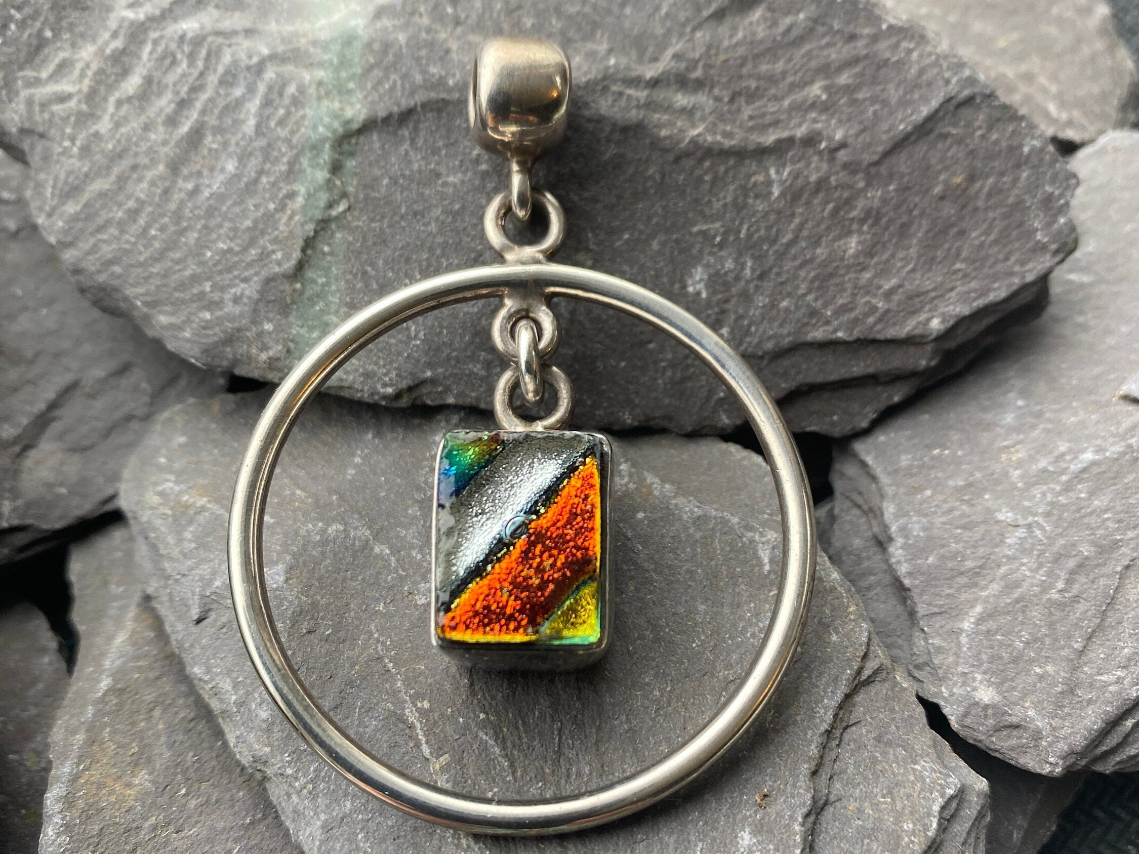 Sterling Silver Art Glass Abstract Pendant.