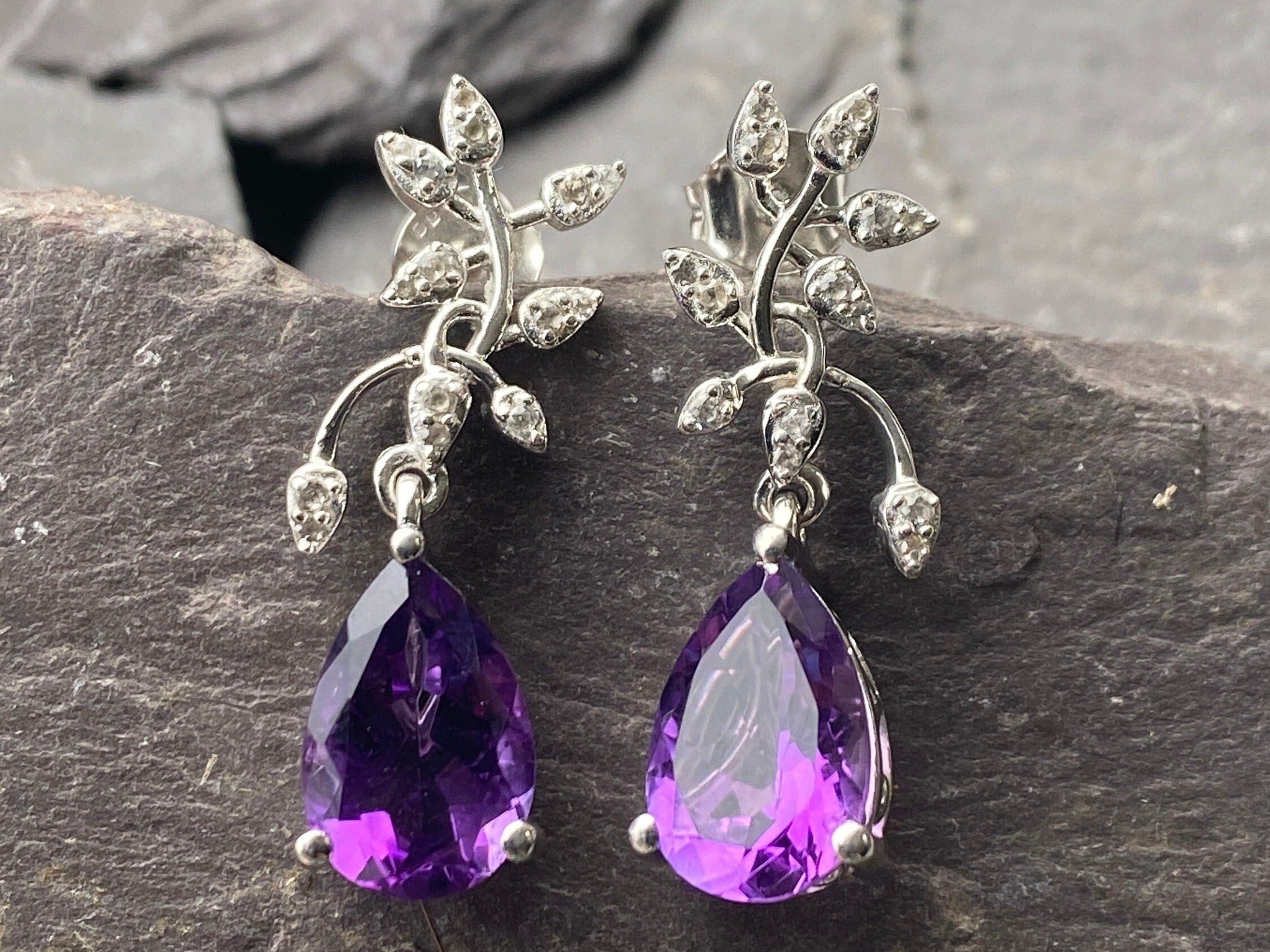 Silver Amethyst CZ Drop Earrings