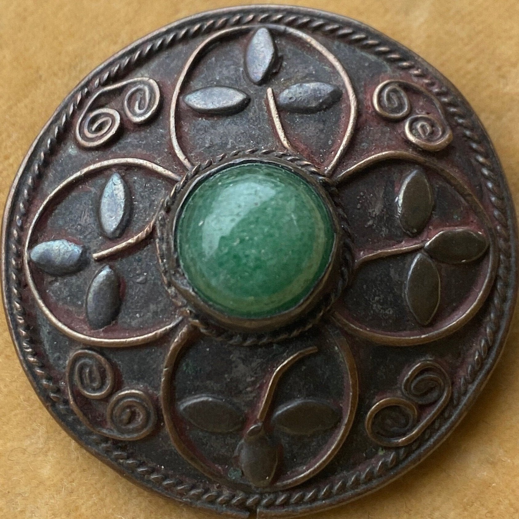 Antique Arts & Crafts Bronze Brooch Set with Aventurine Quartz.