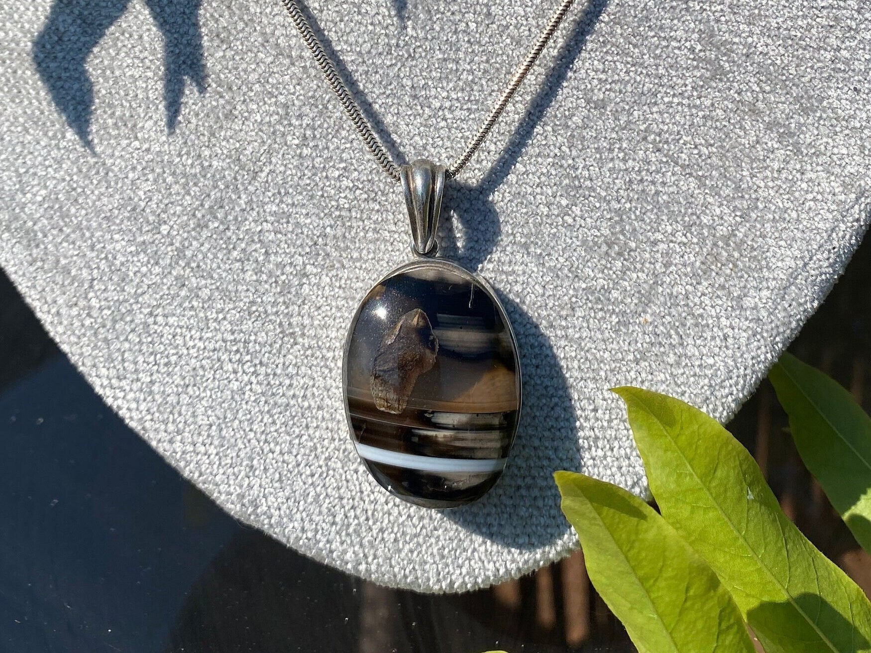 Silver Banded Agate Locket Pendant and 18 inch Chain.