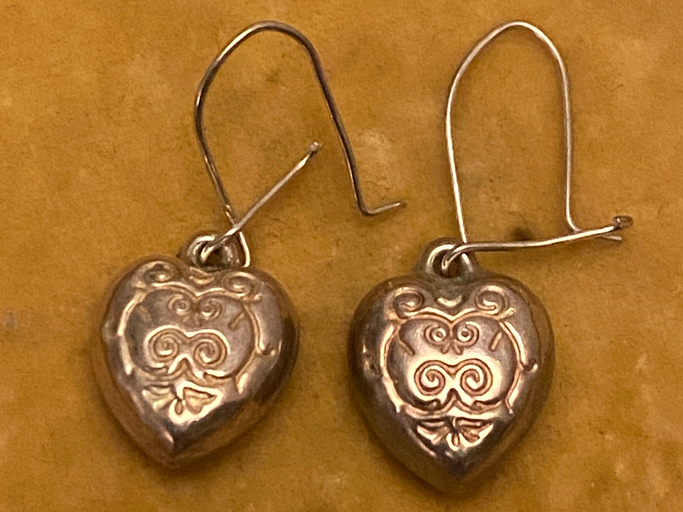 Sterling Silver Puffed Heart Drop Earrings.