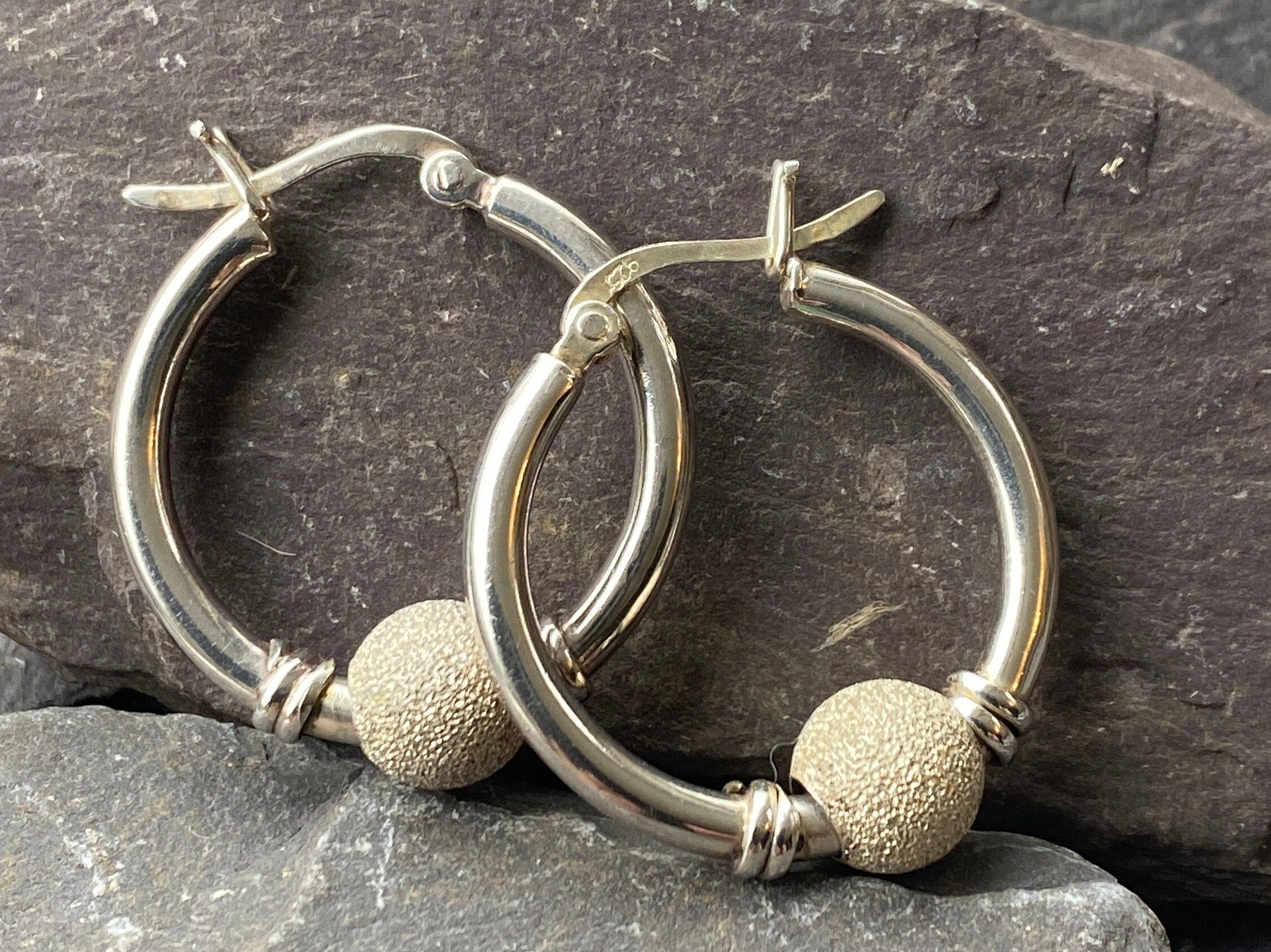 Sterling Silver Hoop & Ball Earrings Stamped 925.