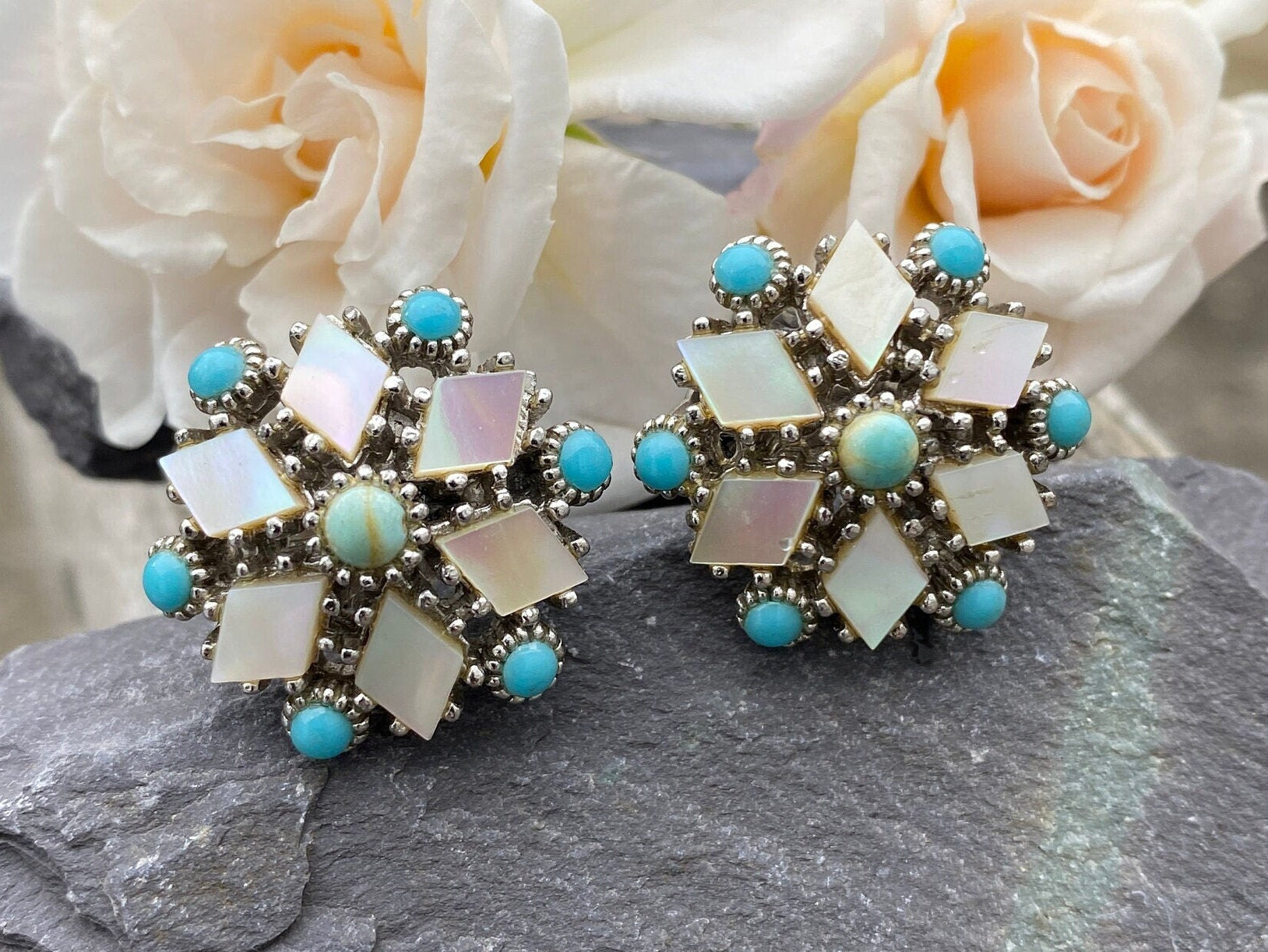 Vintage Costume Mother of Pearl & Turquoise Glass Clip on Earrings.