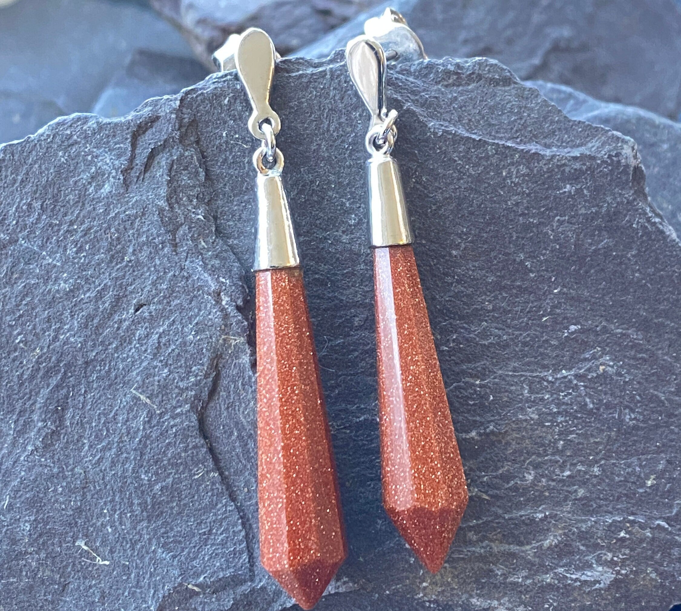 Sterling Silver and Sunstone Long Drop Earrings.