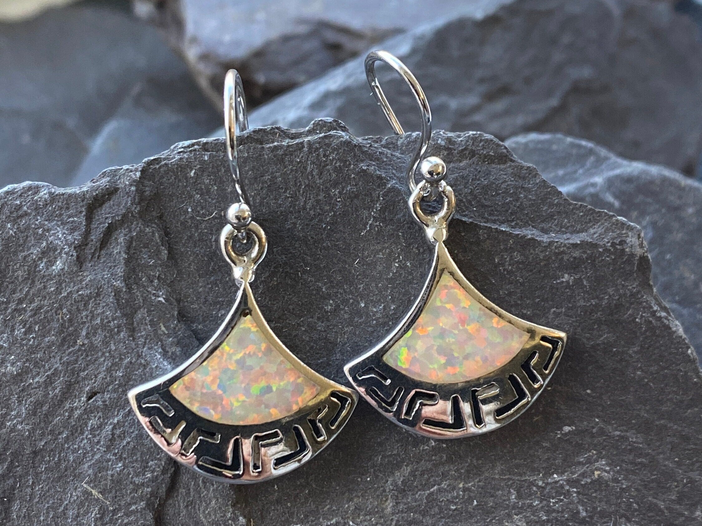 Sterling Silver & White Opal Drop Earrings.