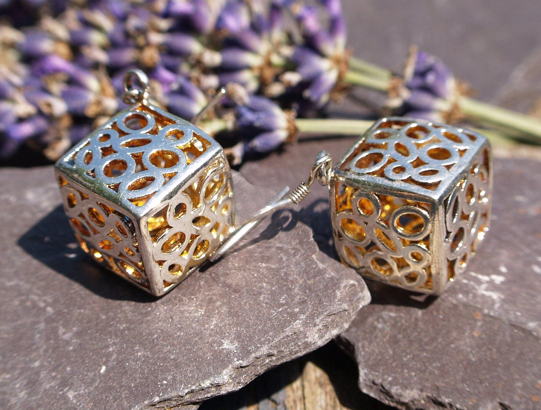 Sterling Silver Pierced Cube Drop Earrings.