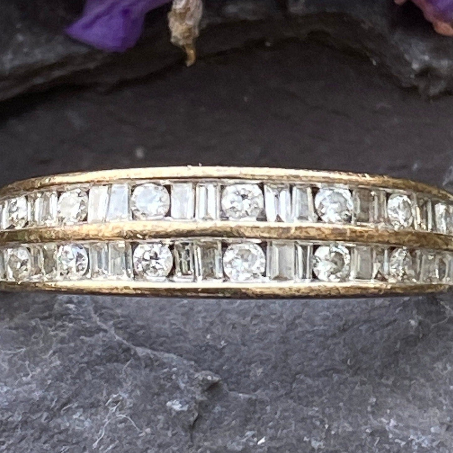 9ct Gold Baguette & Round Brilliant Diamond Two Row Eternity Ring Size J 1/2 or 5 US.