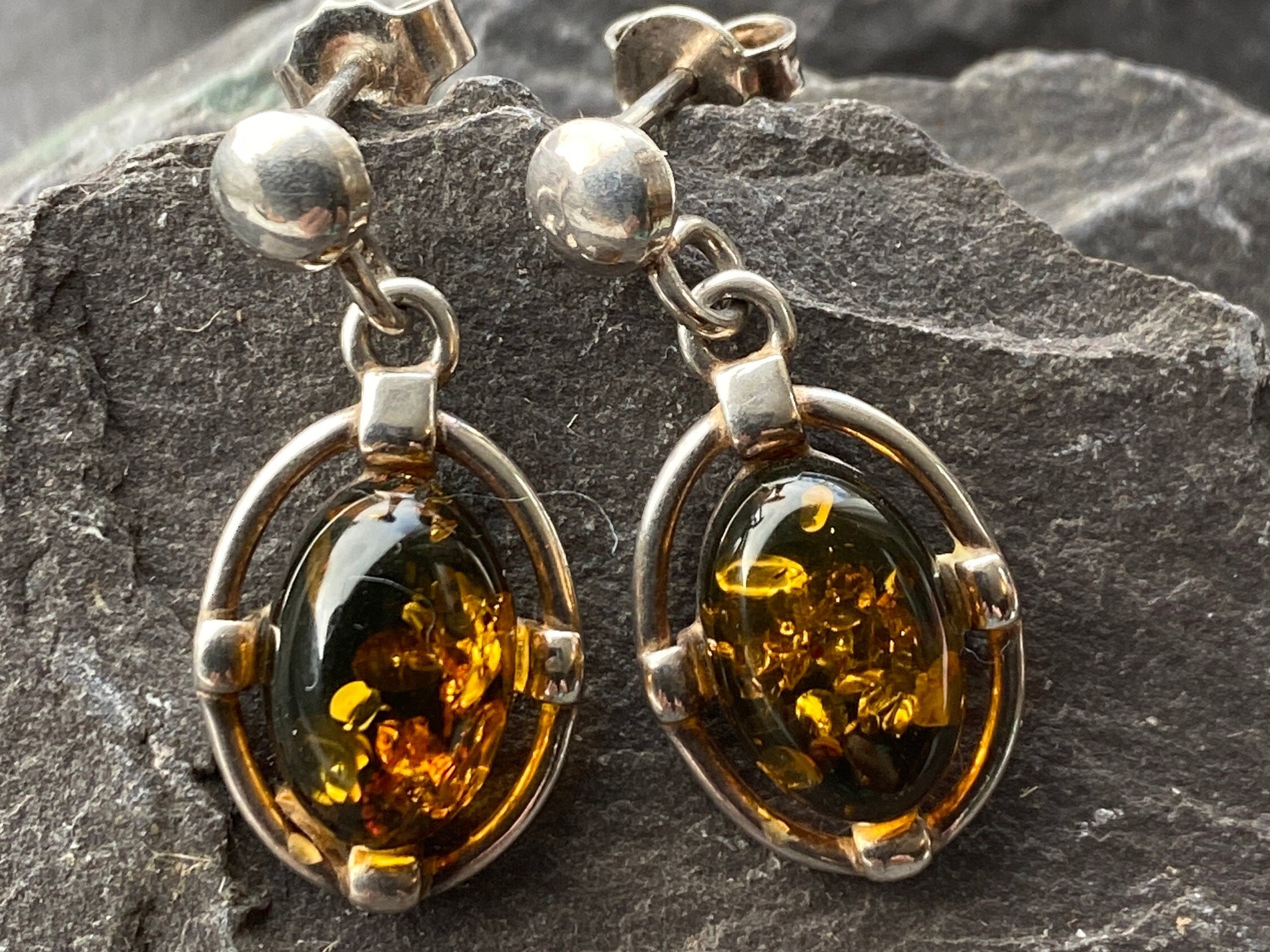 Sterling Silver & Amber Drop Earrings.