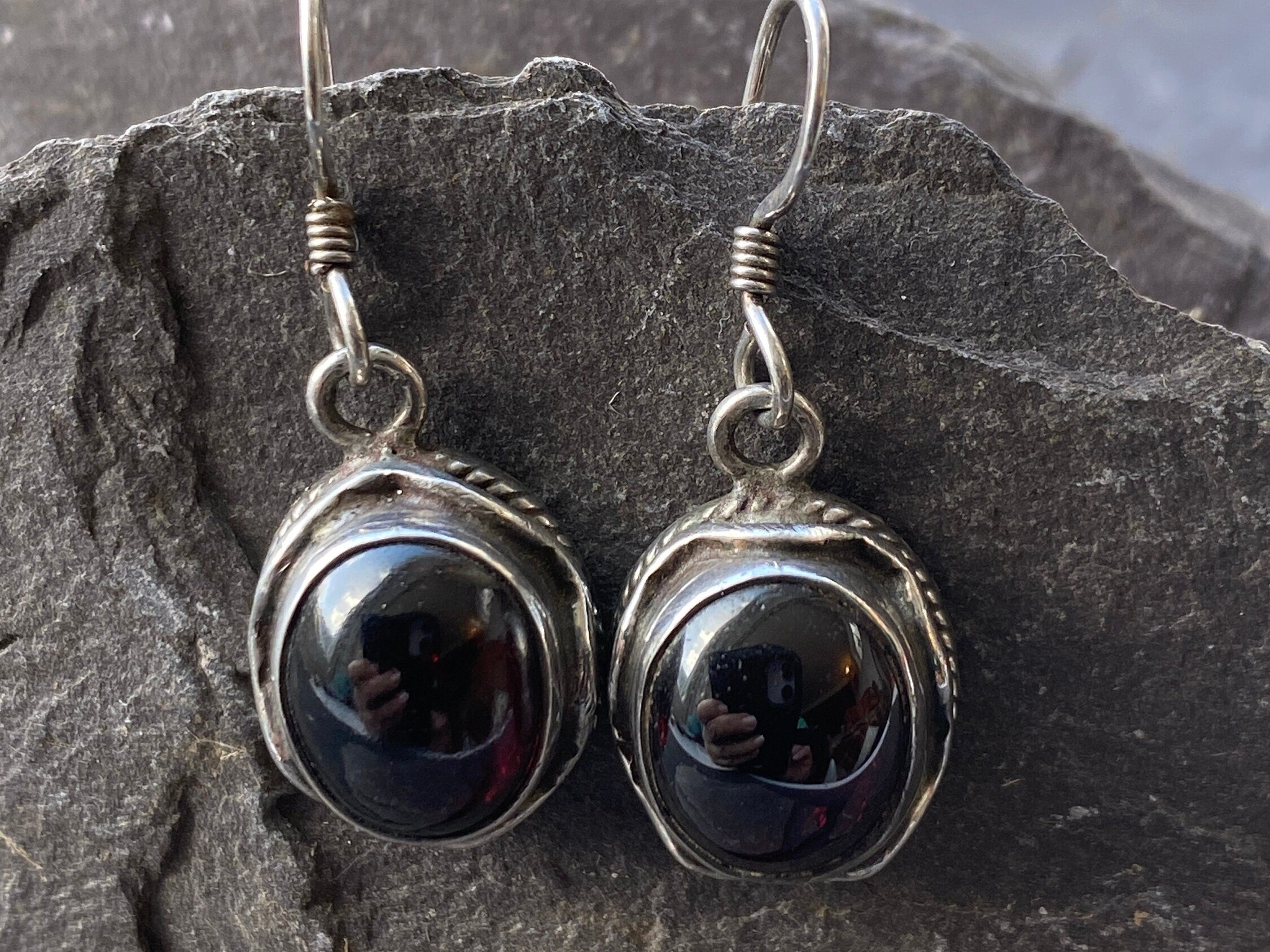 Sterling Silver & Garnet Drop Earrings.