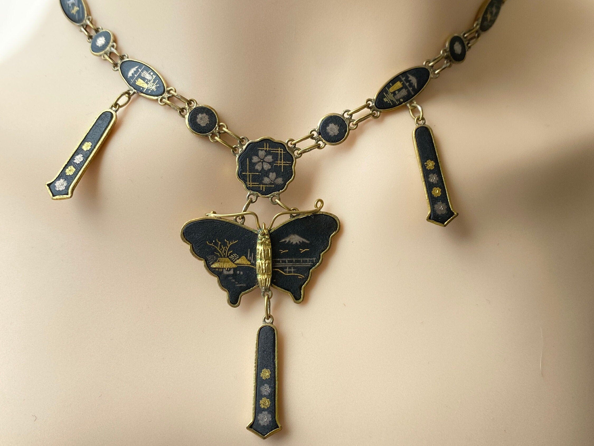 Vintage Japanese Damascene Butterfly Necklace 24ct Inlay