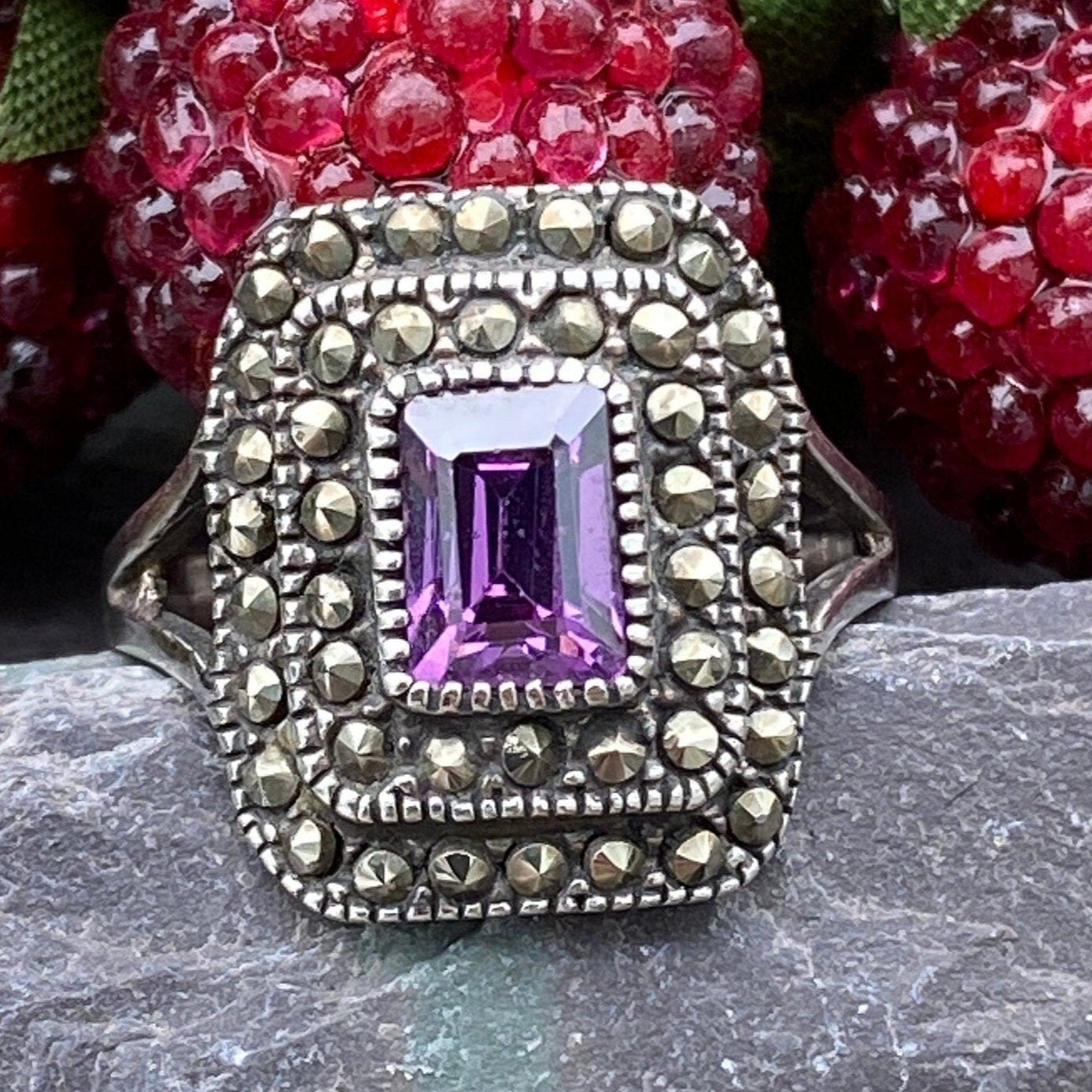 Art Deco Style Sterling Silver Purple Cubic Zirconia & Marcasite Ring Size  R 1/2 or 9 US.