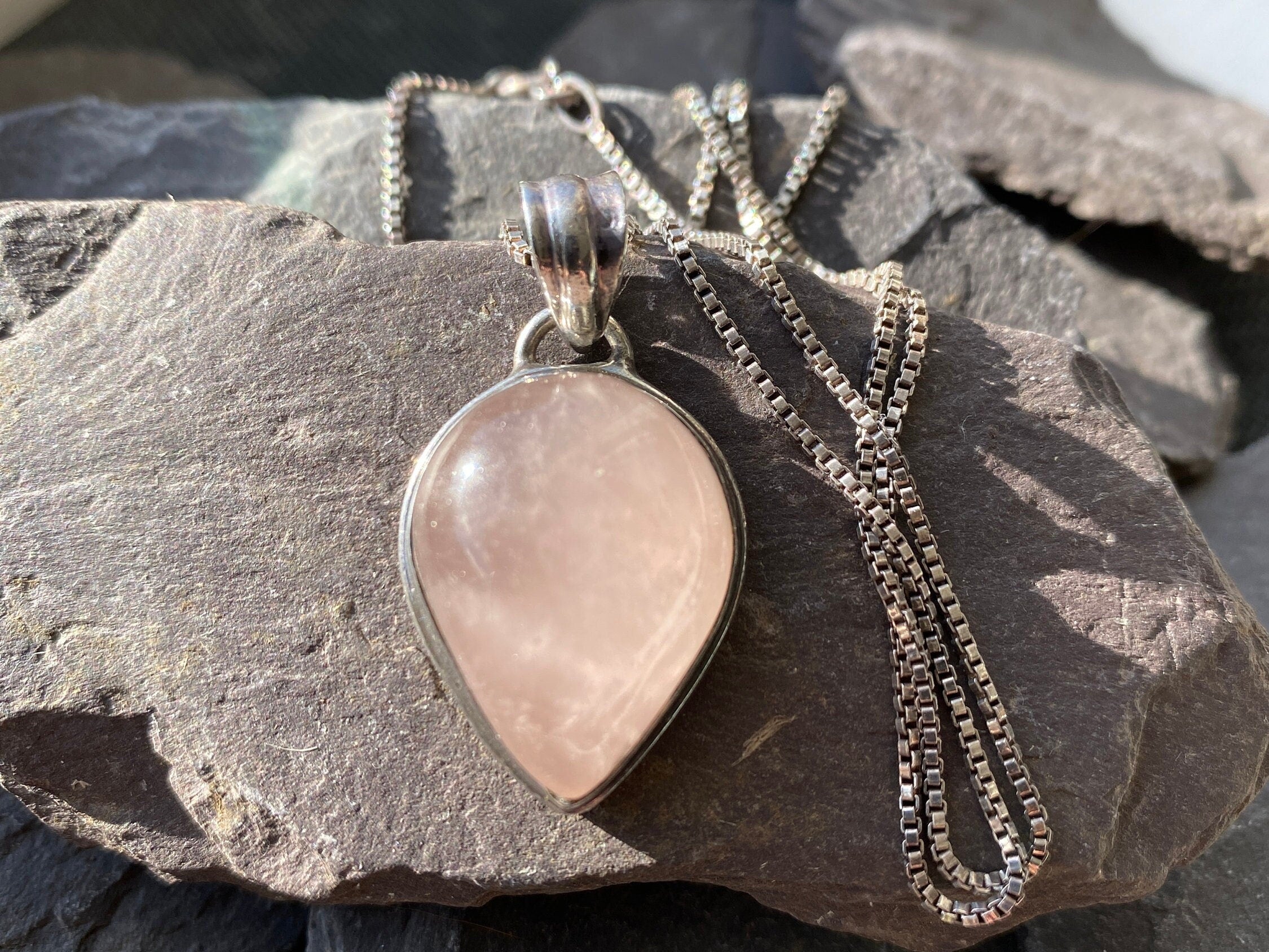 Vintage Silver & Rose Quartz Pendant and Chain