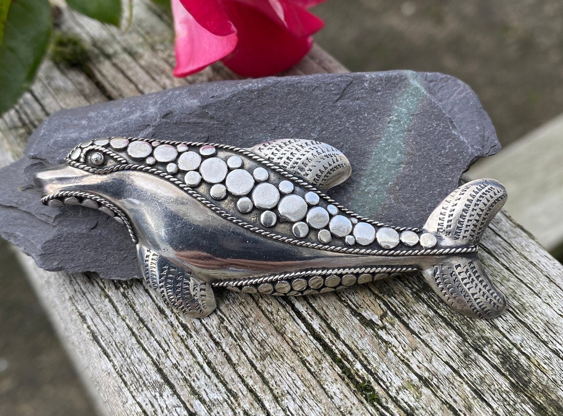 Silver Dolphin Brooch large Size In Sterling Silver.