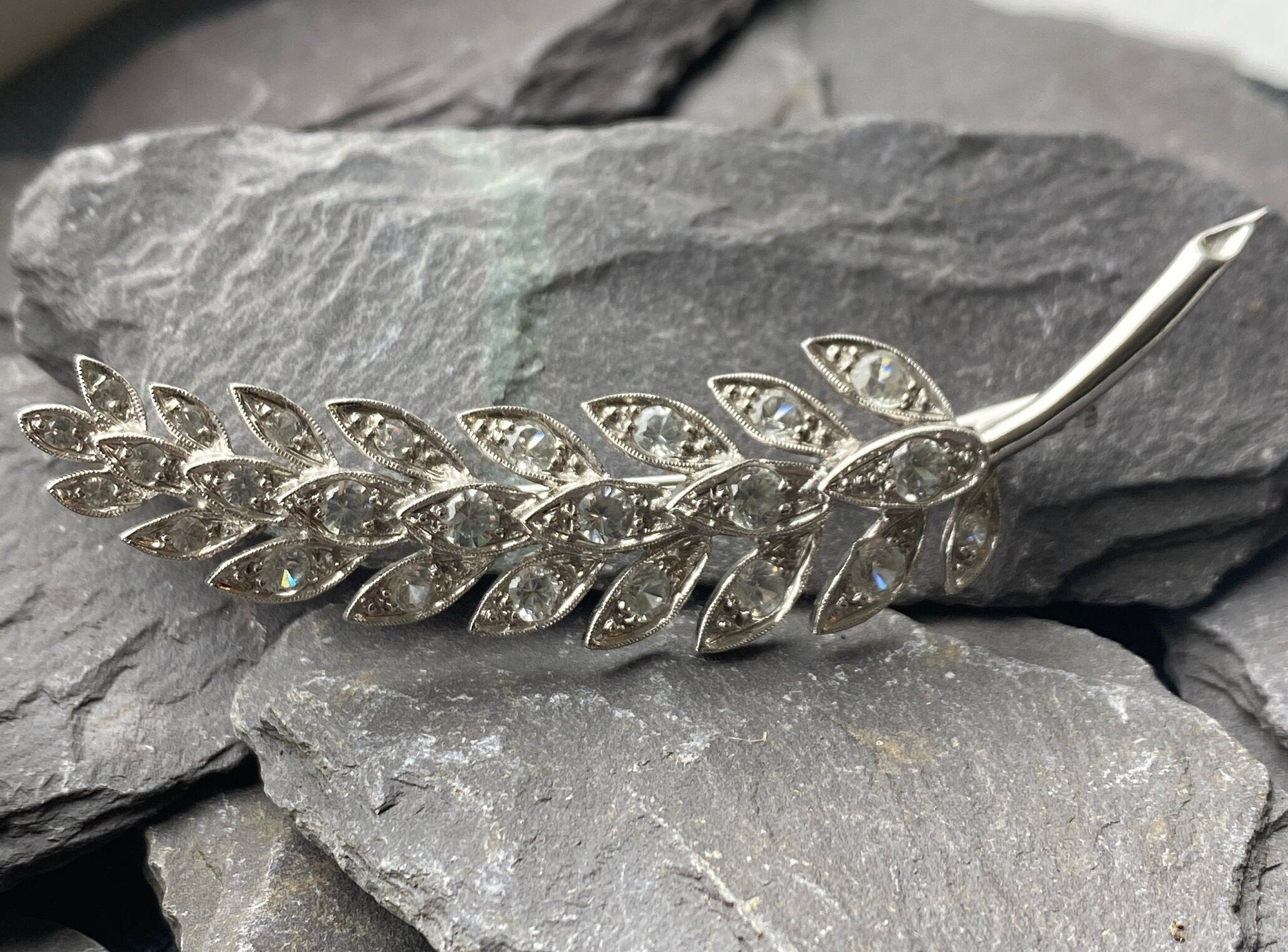 Vintage Silver & Cubic Zirconia Feather Brooch.