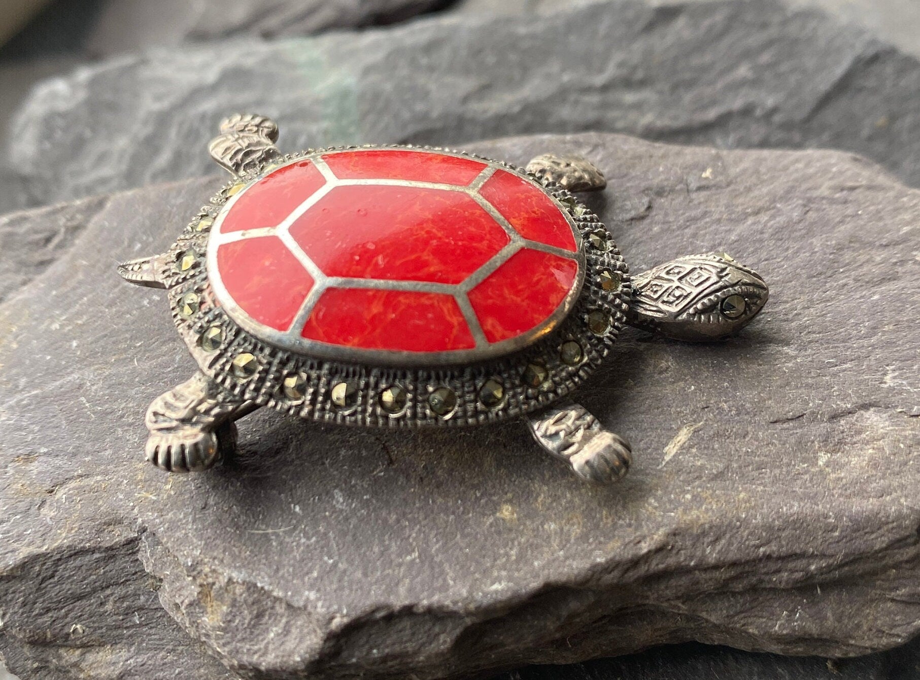 Sterling Silver Turtle Brooch With Red Inlay & Marcasite