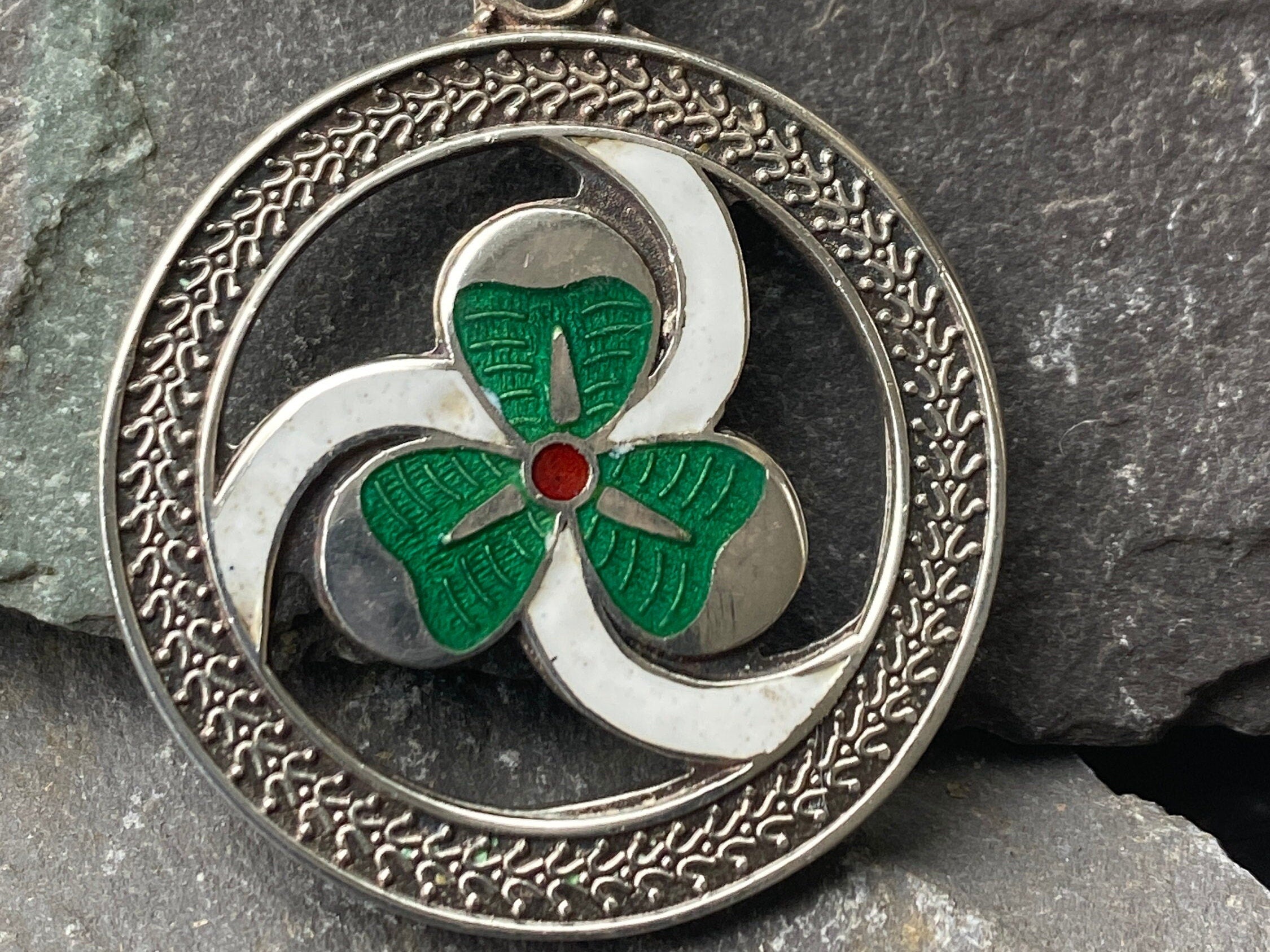 Vintage Silver & Enamel Shamrock Brooch.