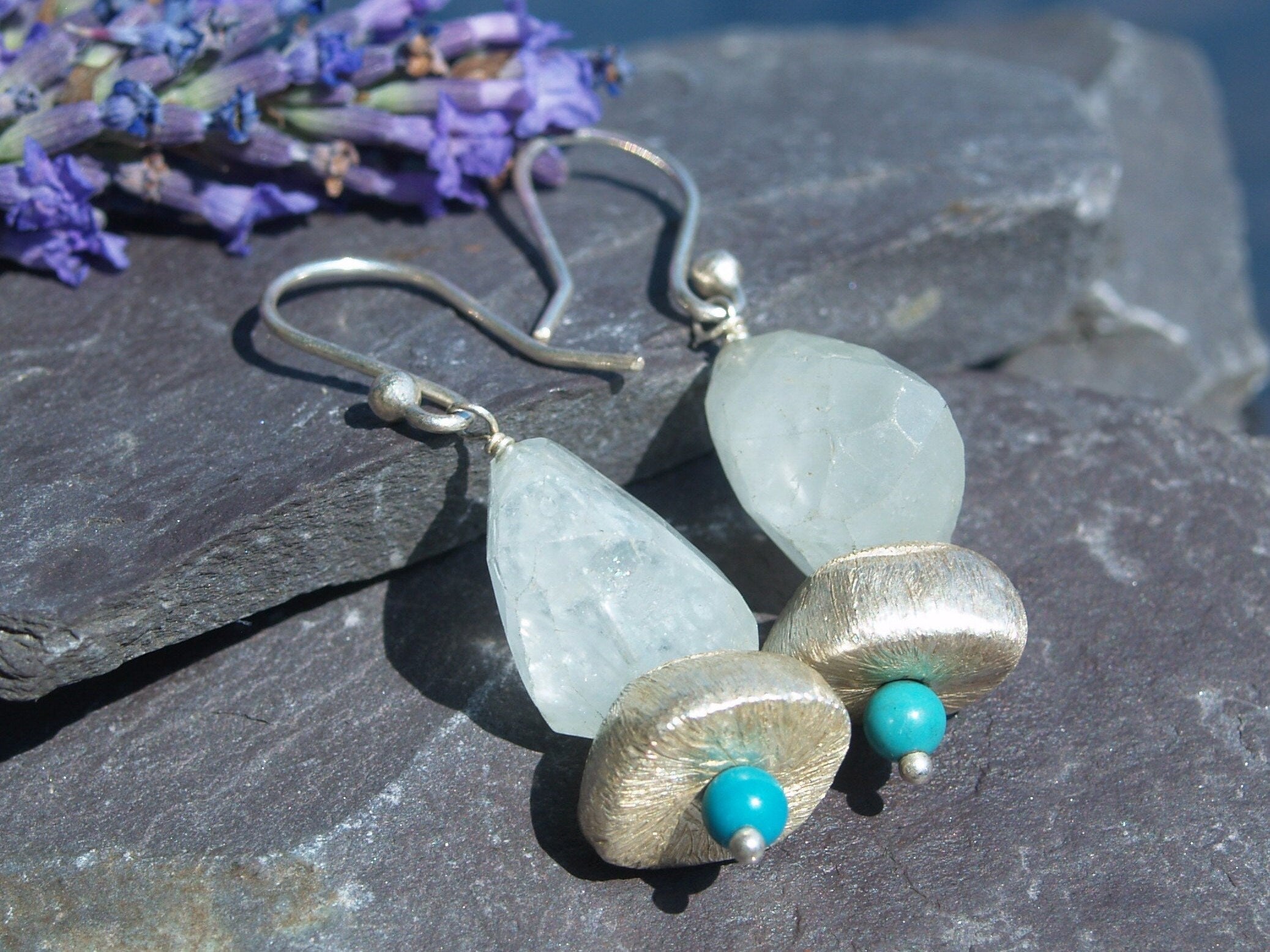 Sterling Silver Aquamarine & Turquoise Drop Earrings.