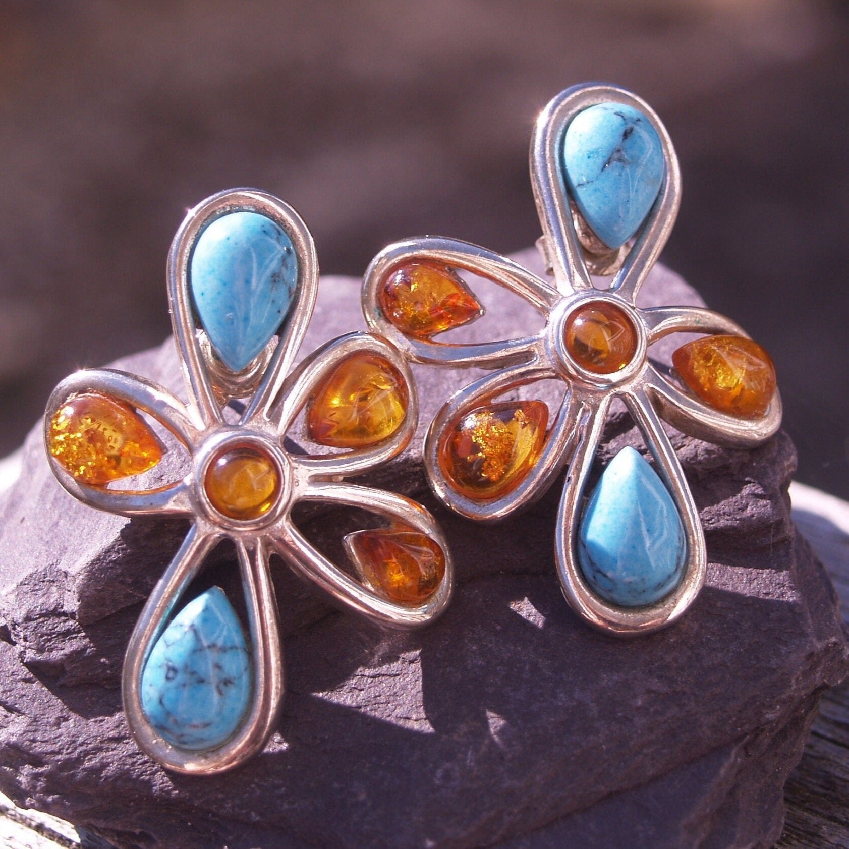 Sterling Silver Amber & Turquoise Large Stud Earrings.