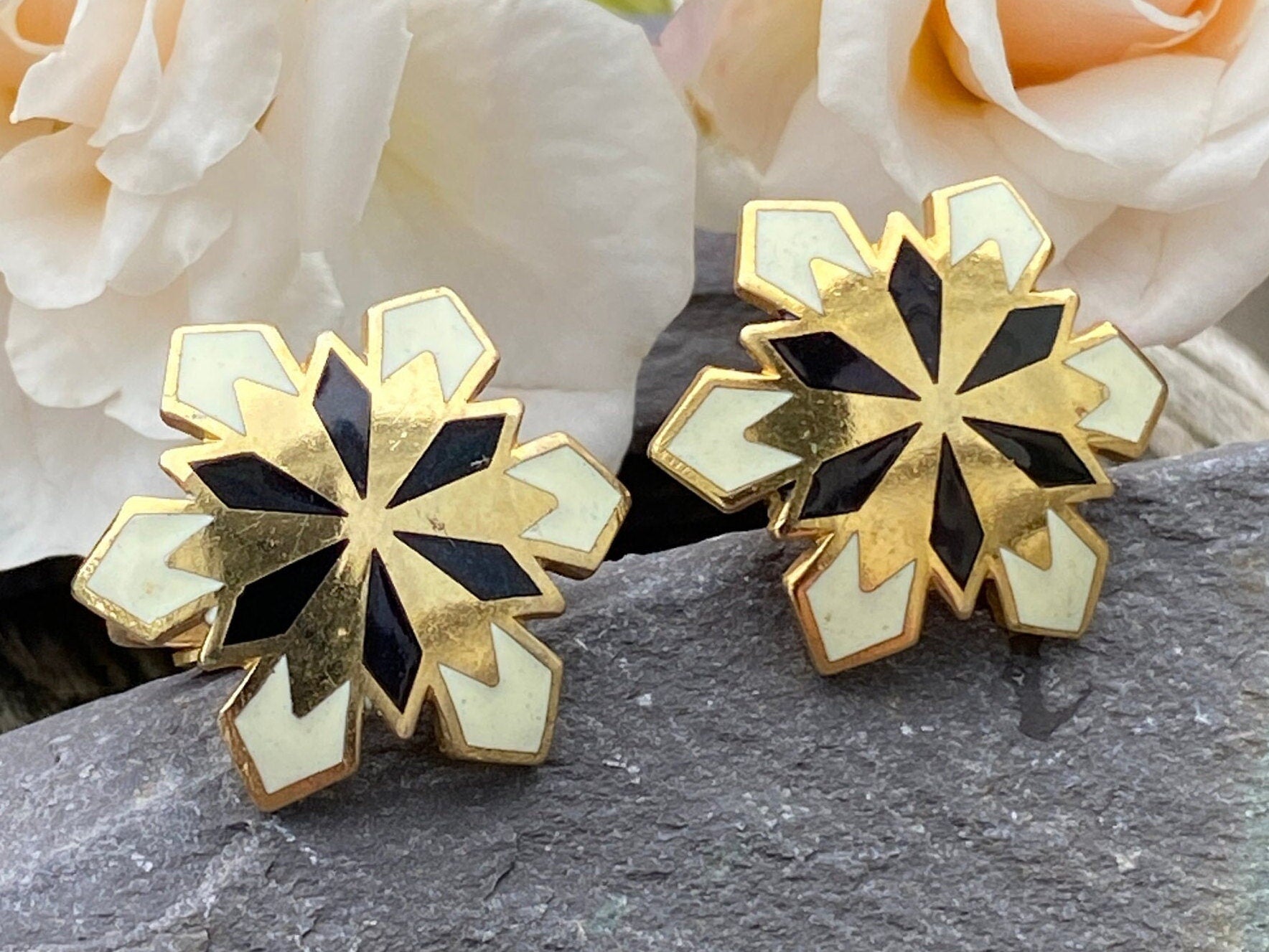 Vintage Goldtone & Enamel Clip on Earrings.