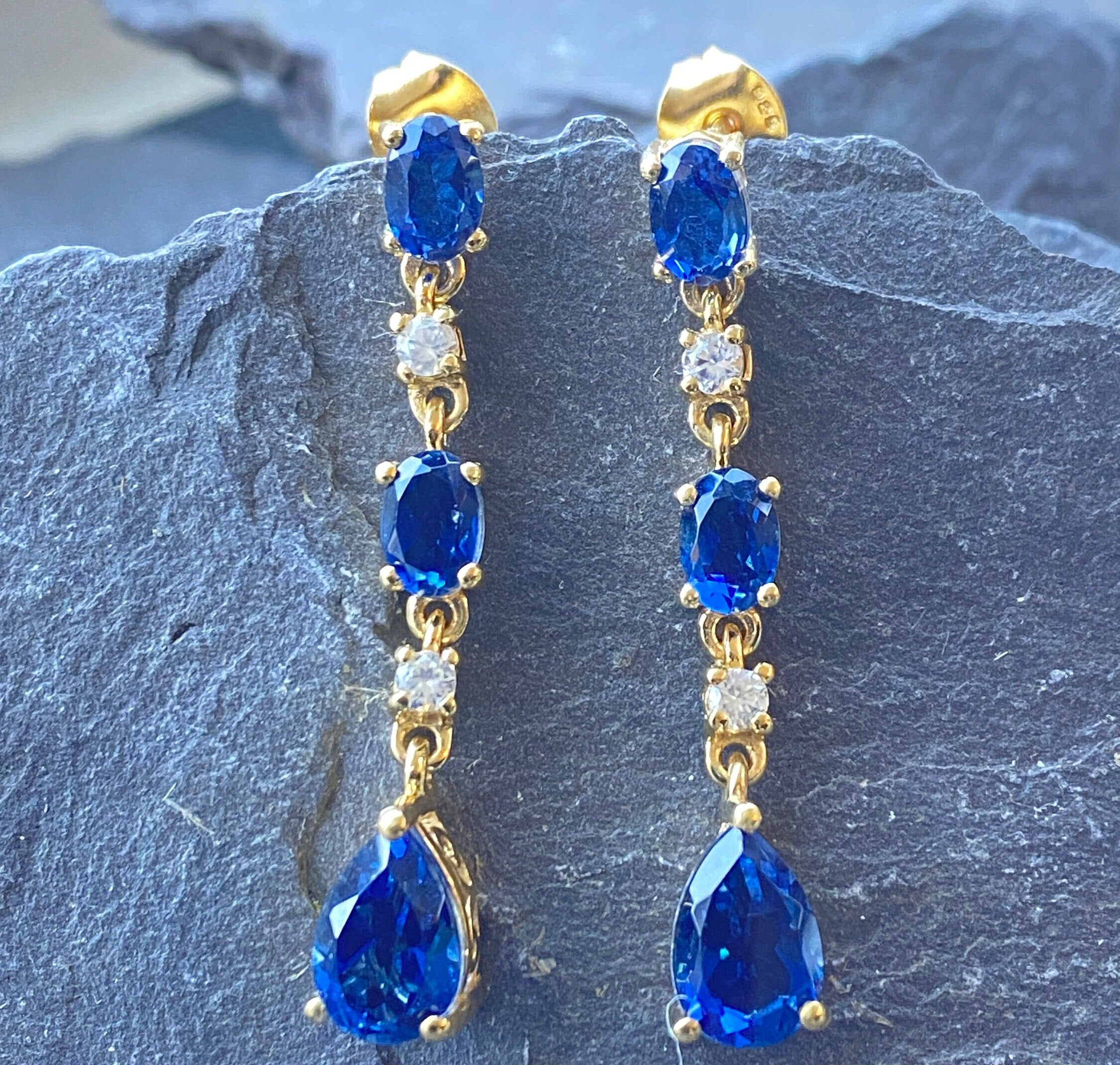 Sterling Silver Vermeil Blue & White Cubic Zirconia Drop Earrings