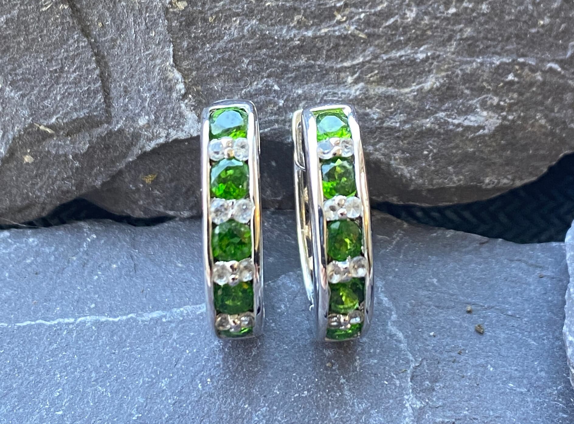 Sterling Silver Green & White Hoop Earrings