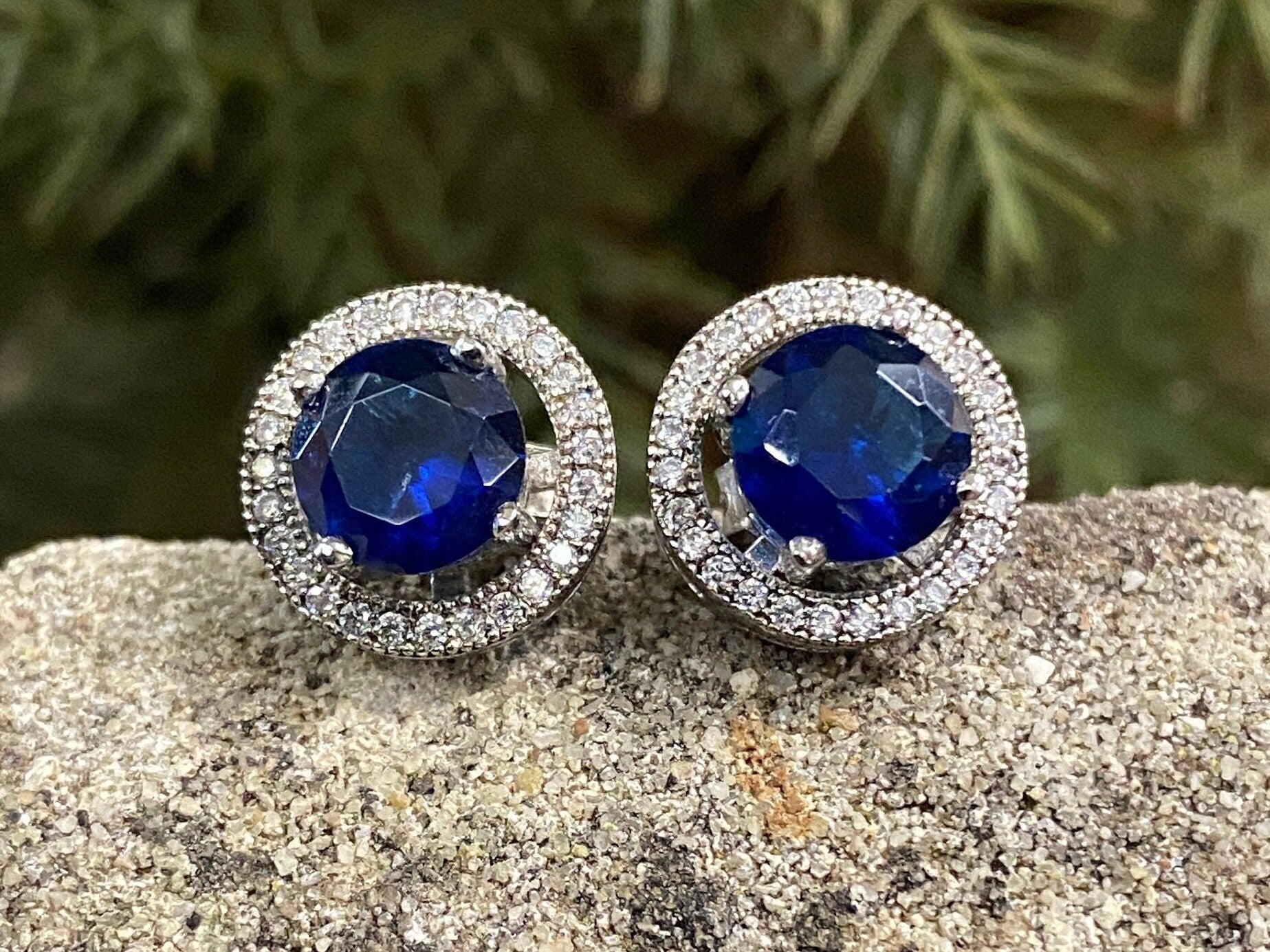 Sterling Silver Blue & White Cubic Zirconia Stud and Halo Earrings.