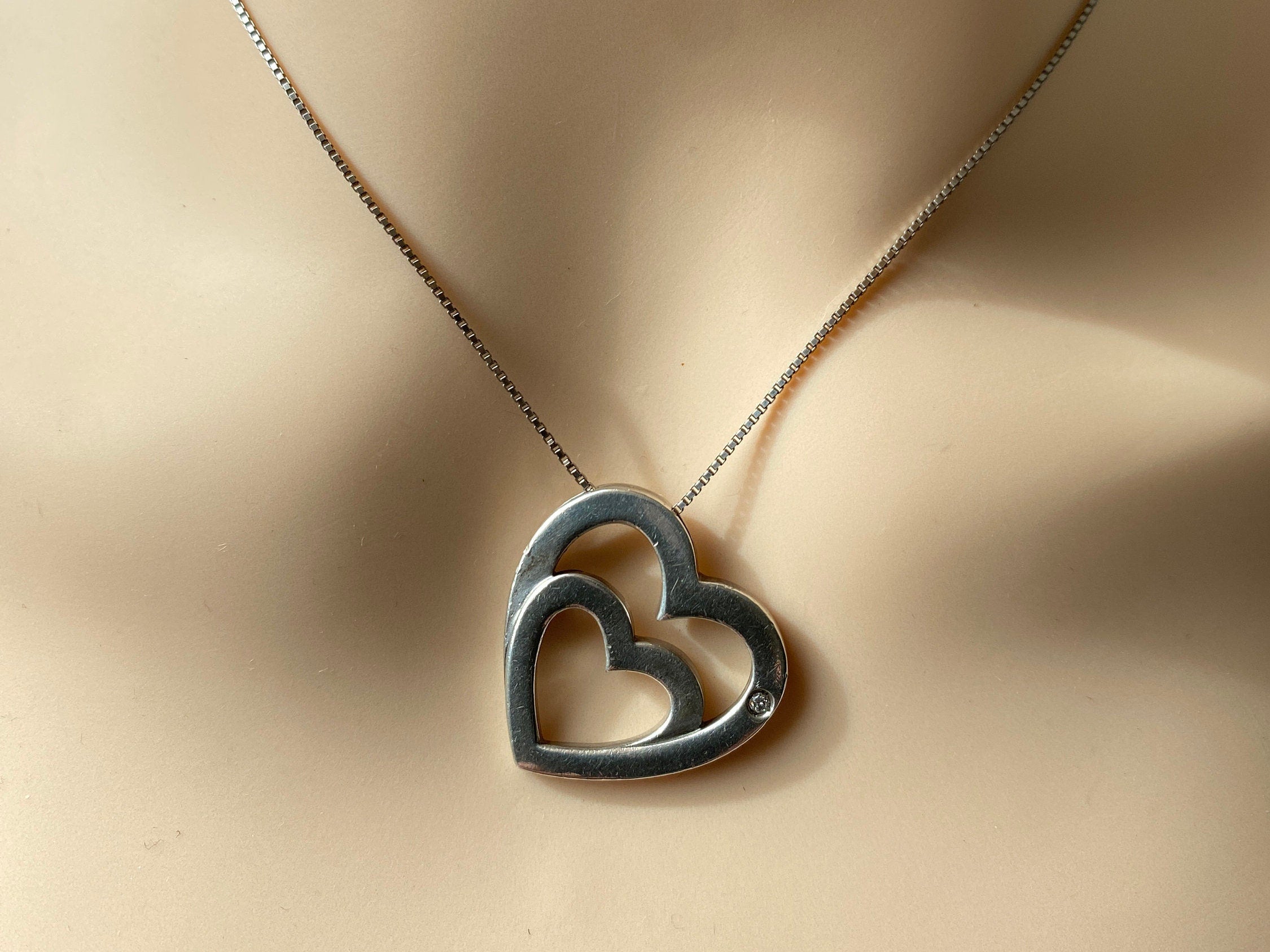 Sterling Silver & Diamond Double Heart Pendant and Chain.