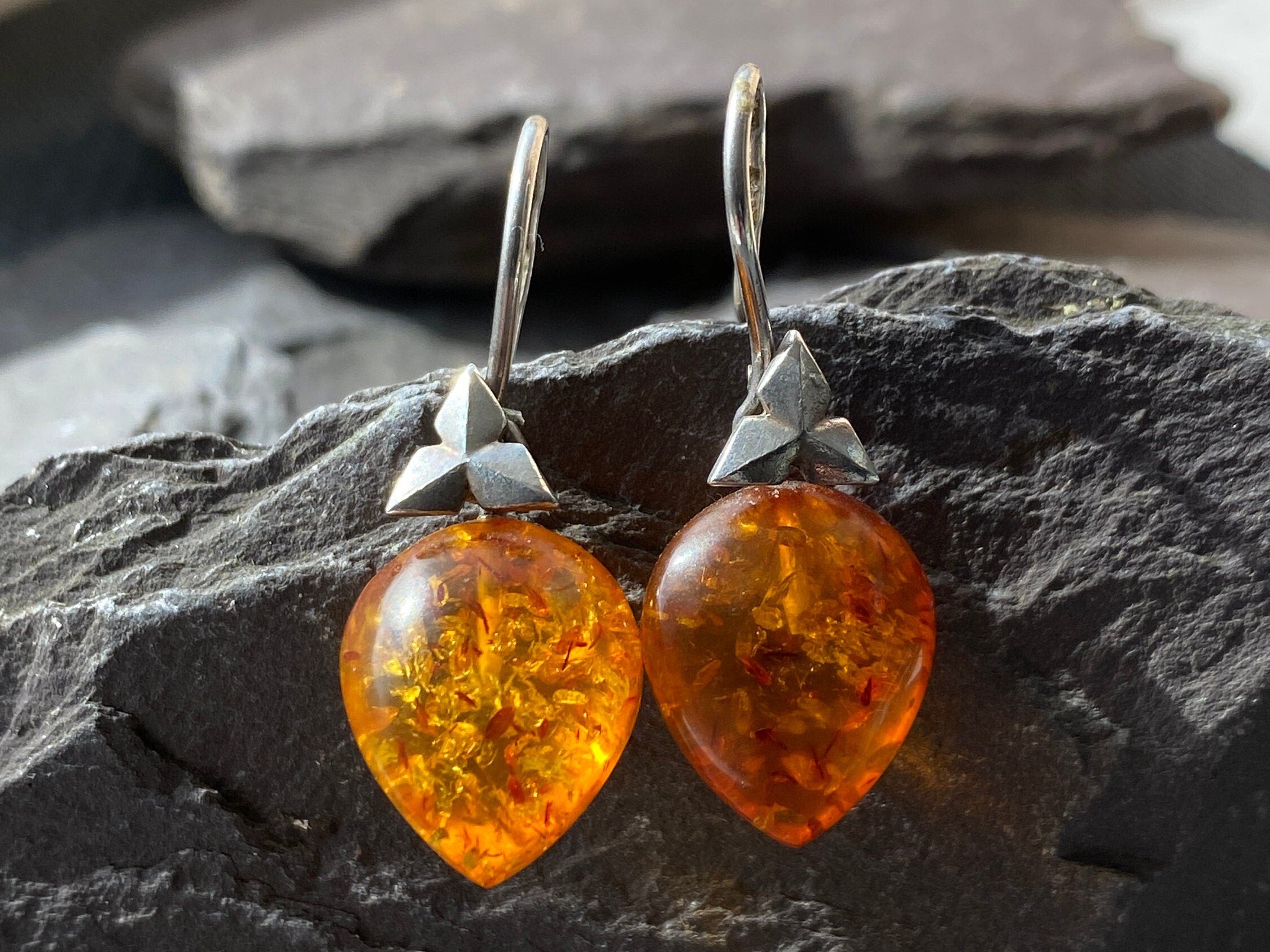 Sterling Silver Baltic Amber Drop Earrings.