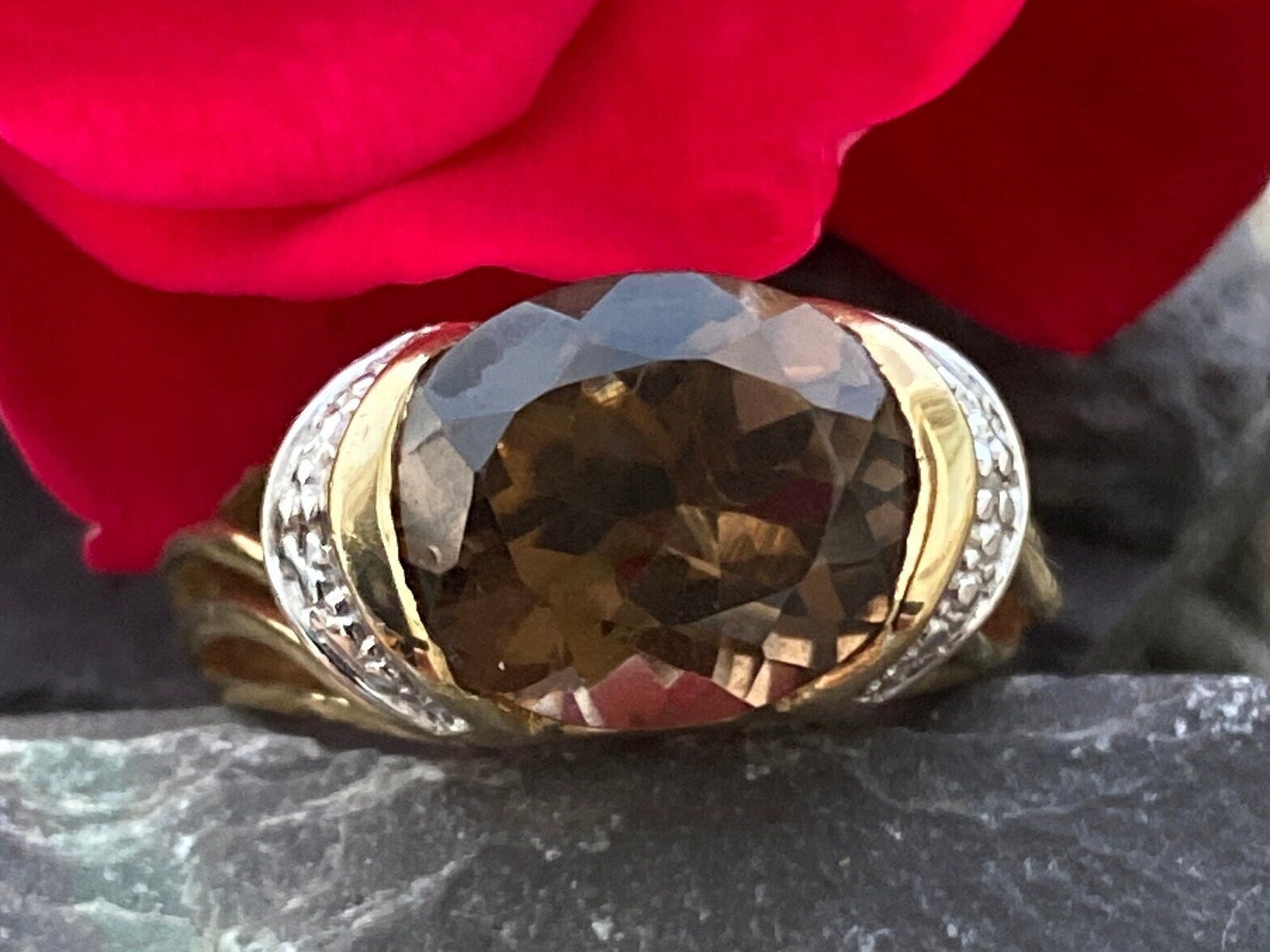 Sterling Silver Vermeil Smoky Quartz & Diamond Accent Ring Size N or 6 1/2 USA