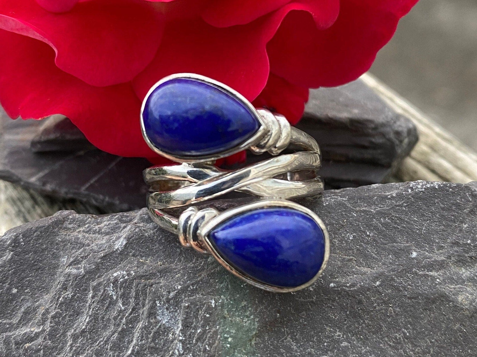 Sterling Silver & Lapis Lazuli Twist Ring Size N 1/2 or 6 3/4 USA