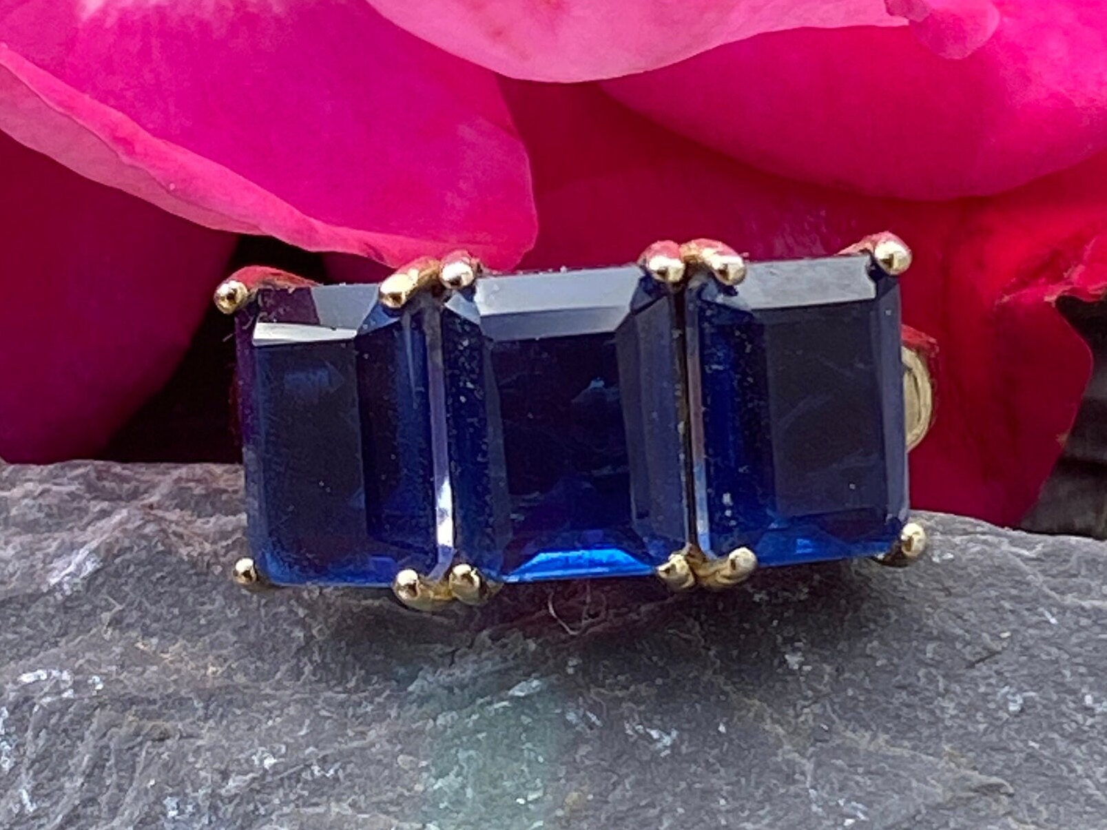 Sterling Silver Vermeil Blue Cubic Zirconia Trilogy Ring Size N or 6 1/2 USA