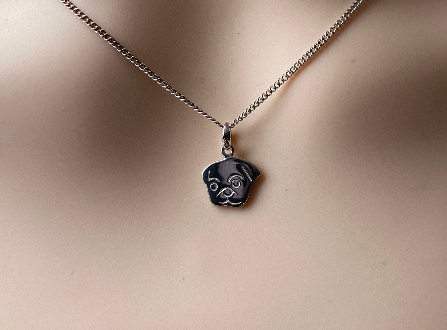 Sterling Silver Pug Pendant & Chain.