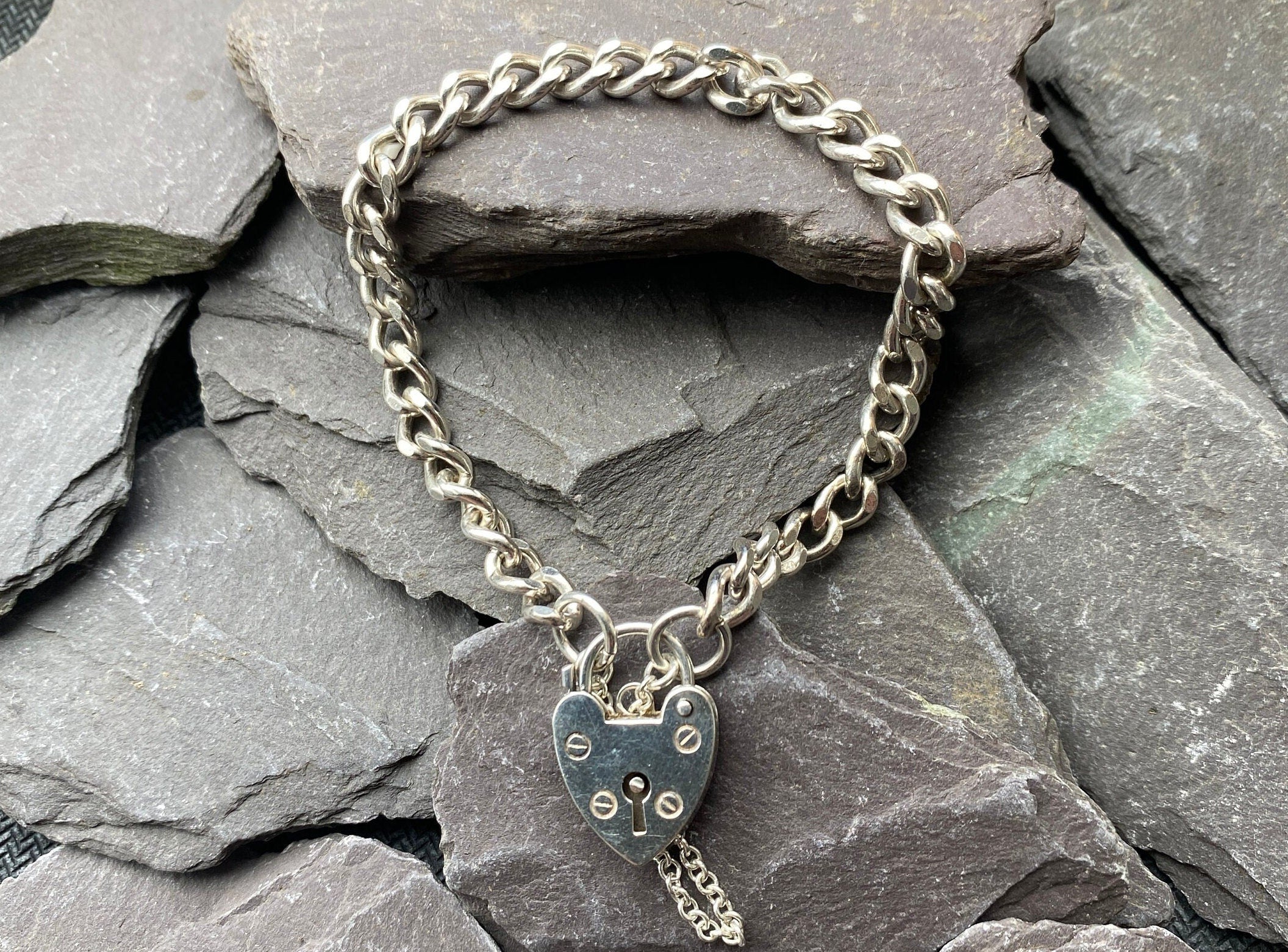 Sterling Silver Padlock & Curb Charm Bracelet.