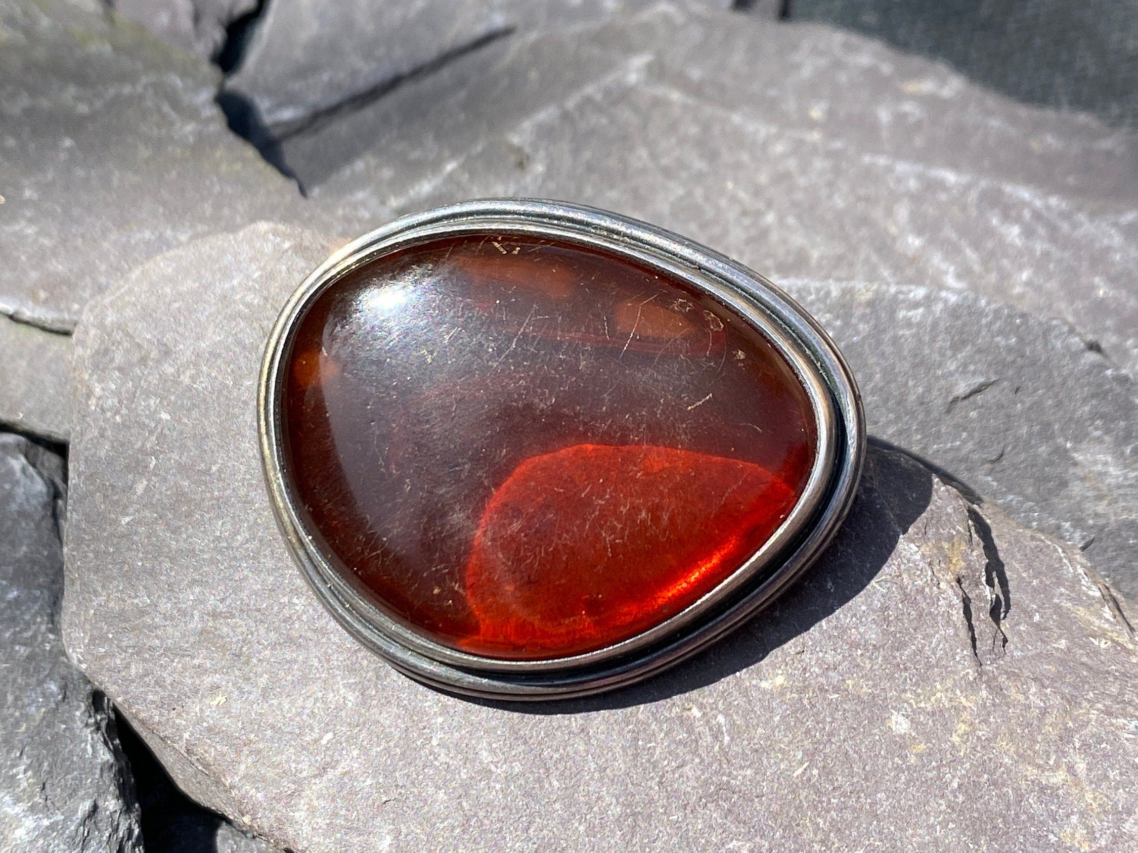 Vintage Sterling Silver Amber Brooch .