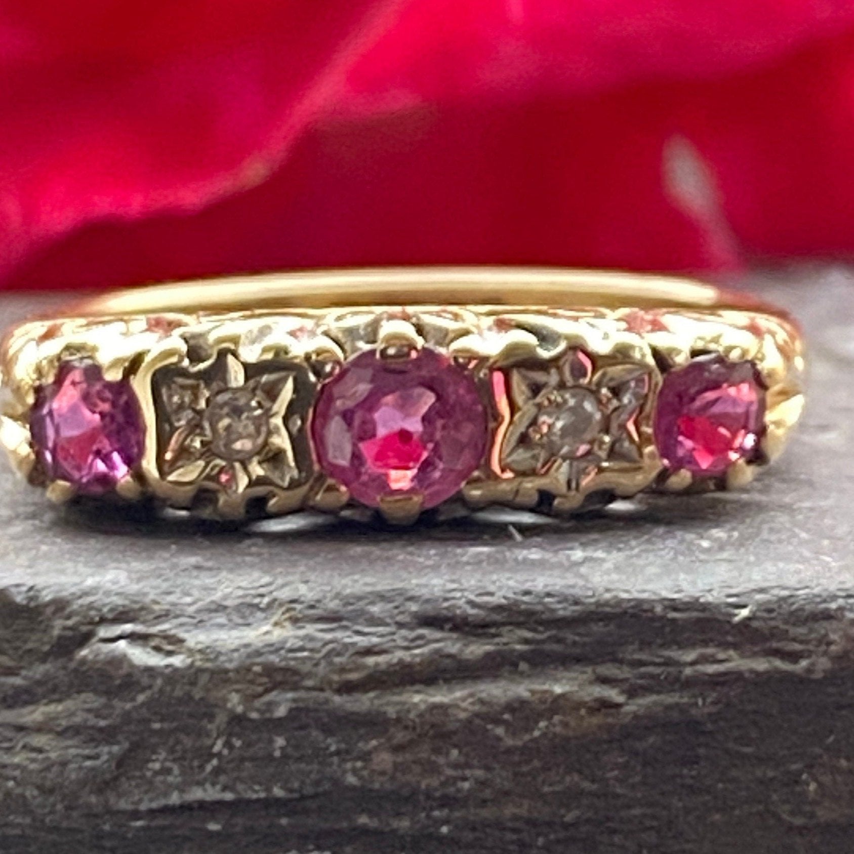 Vintage 9ct Ruby & Diamond Ring Victorian Carved Head Style