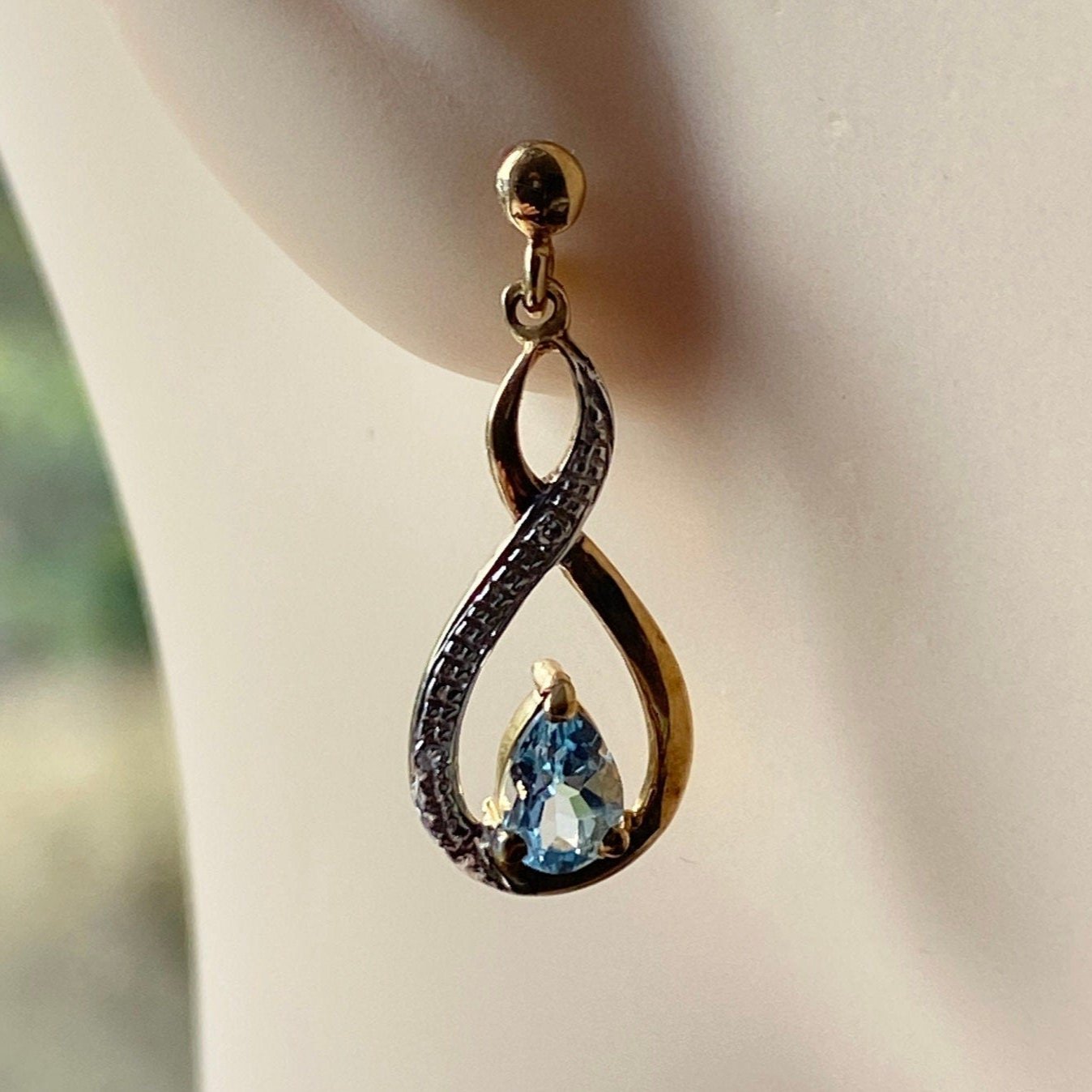 9ct Blue Topaz & Diamond Drop Earrings.