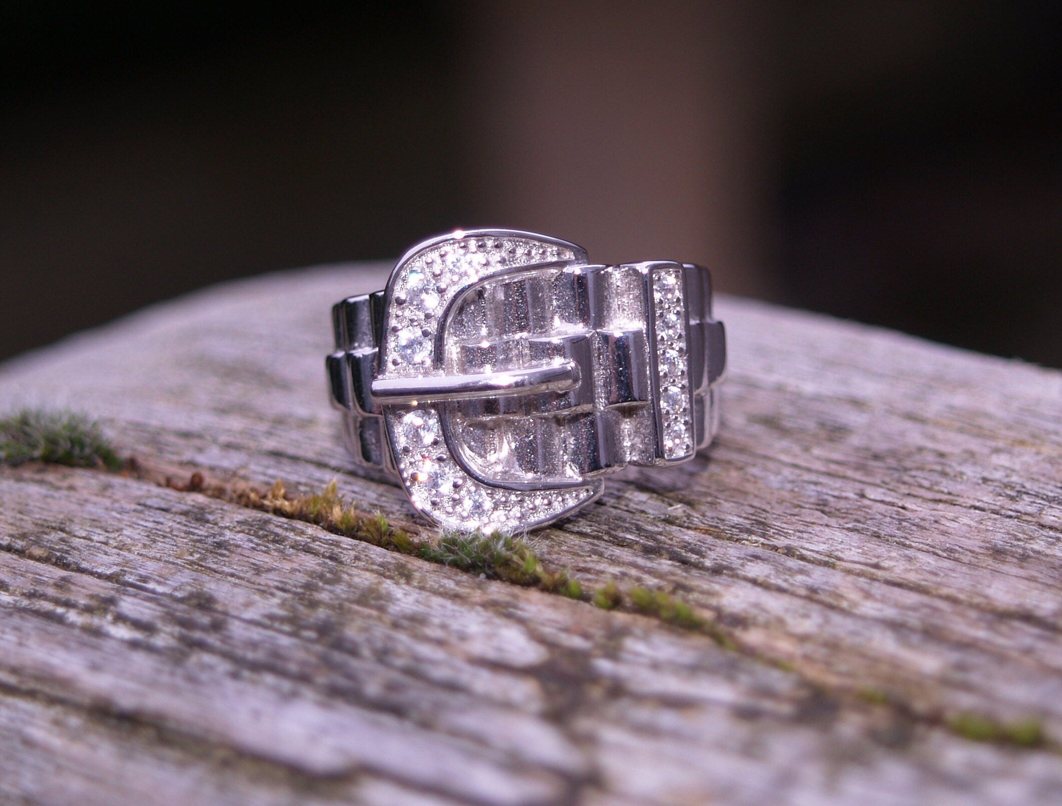 Sterling Silver & Cubic Zirconia Buckle Ring Size M or 6 1/4 USA.