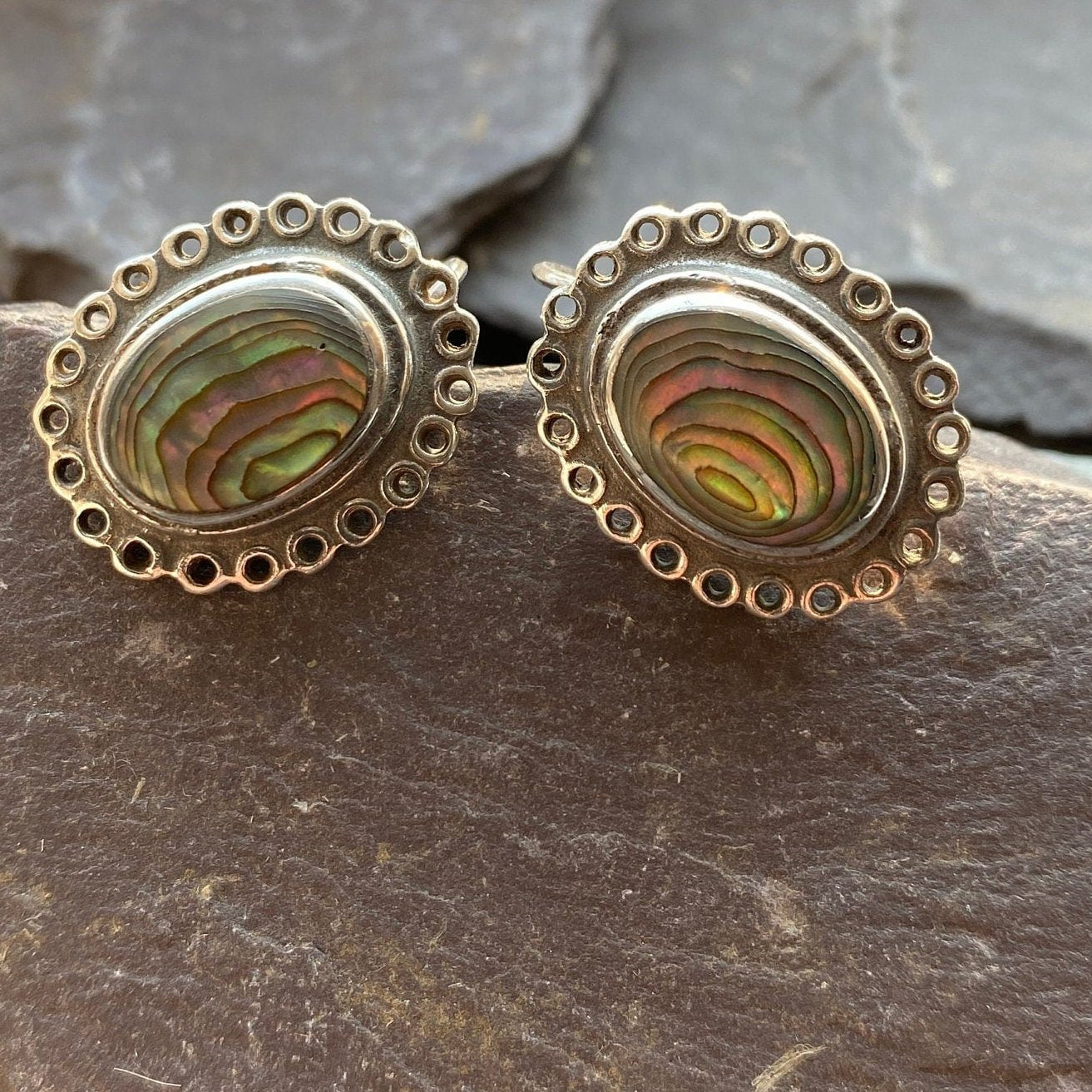 Vintage Silver Abalone Screw Back Earrings.