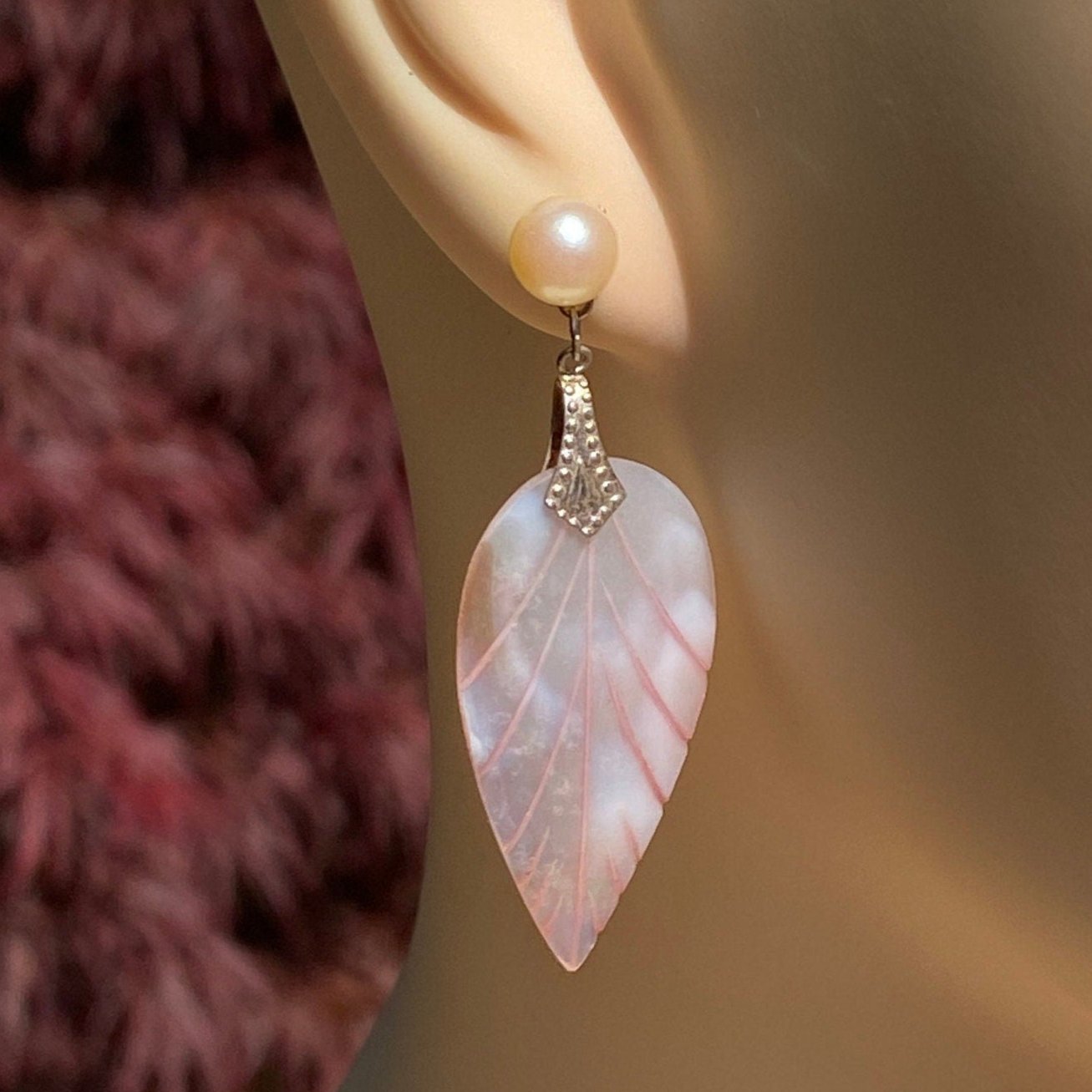 Silver Faux Pearl Leaf Drop Earrings With Pink Mother of Pearl.