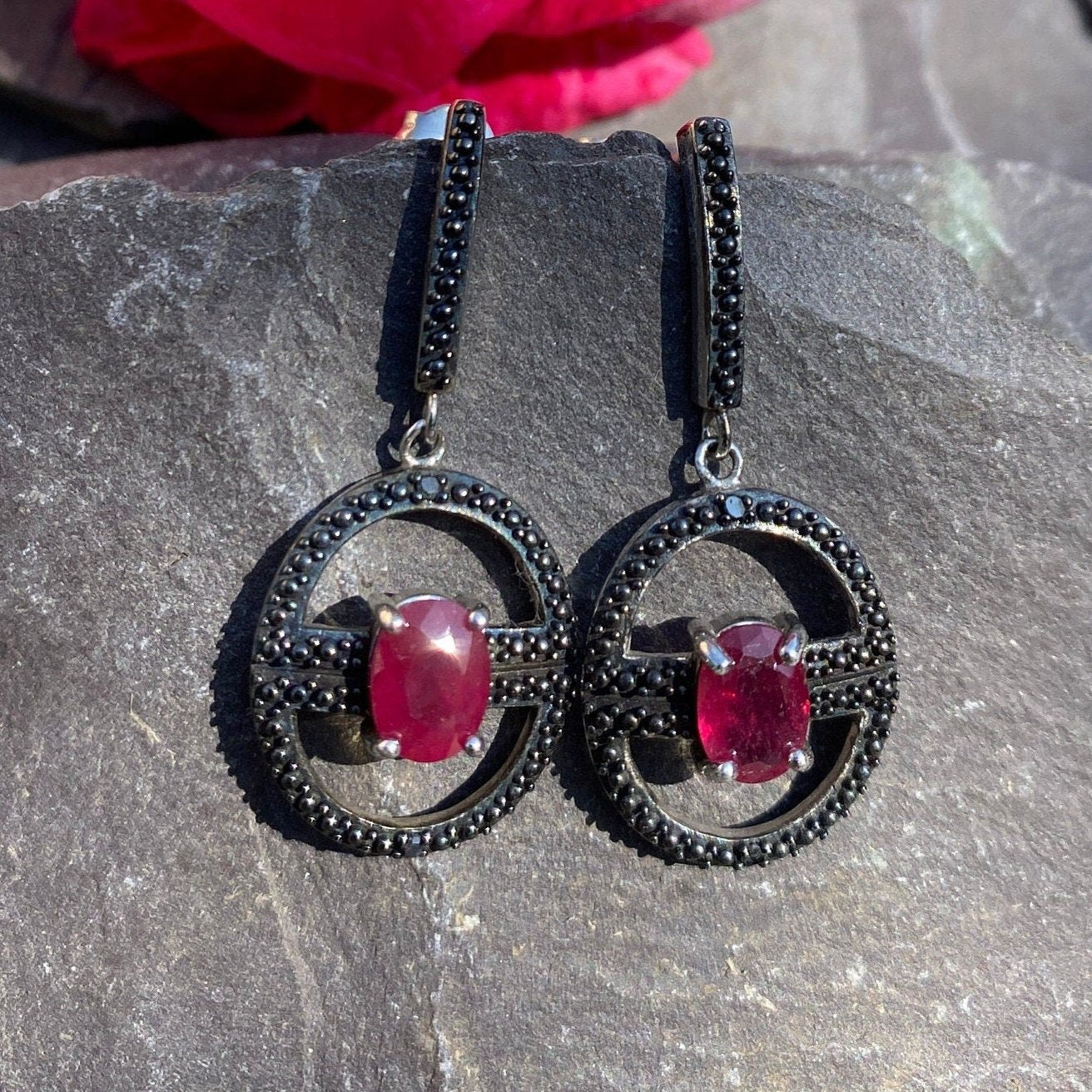 Sterling Silver & Ruby Drop Earrings With Oxidised Finish.