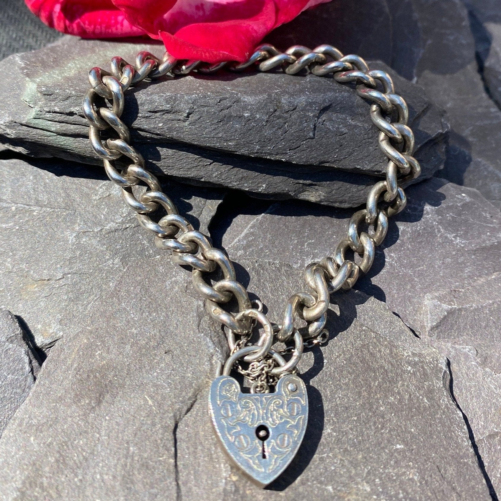 Sterling Silver Curb Bracelet With Padlock Clasp.