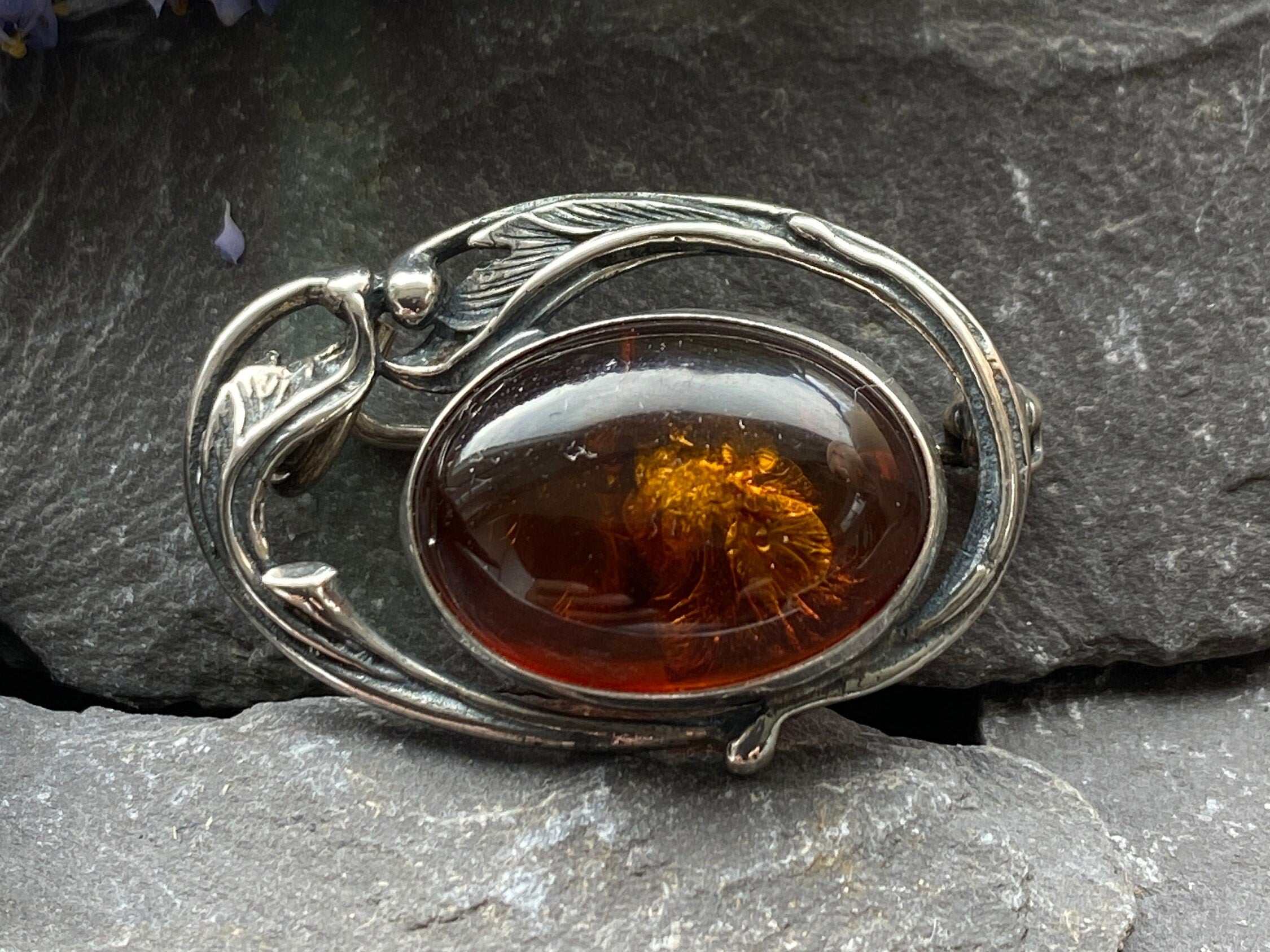 Sterling Silver & Amber Brooch