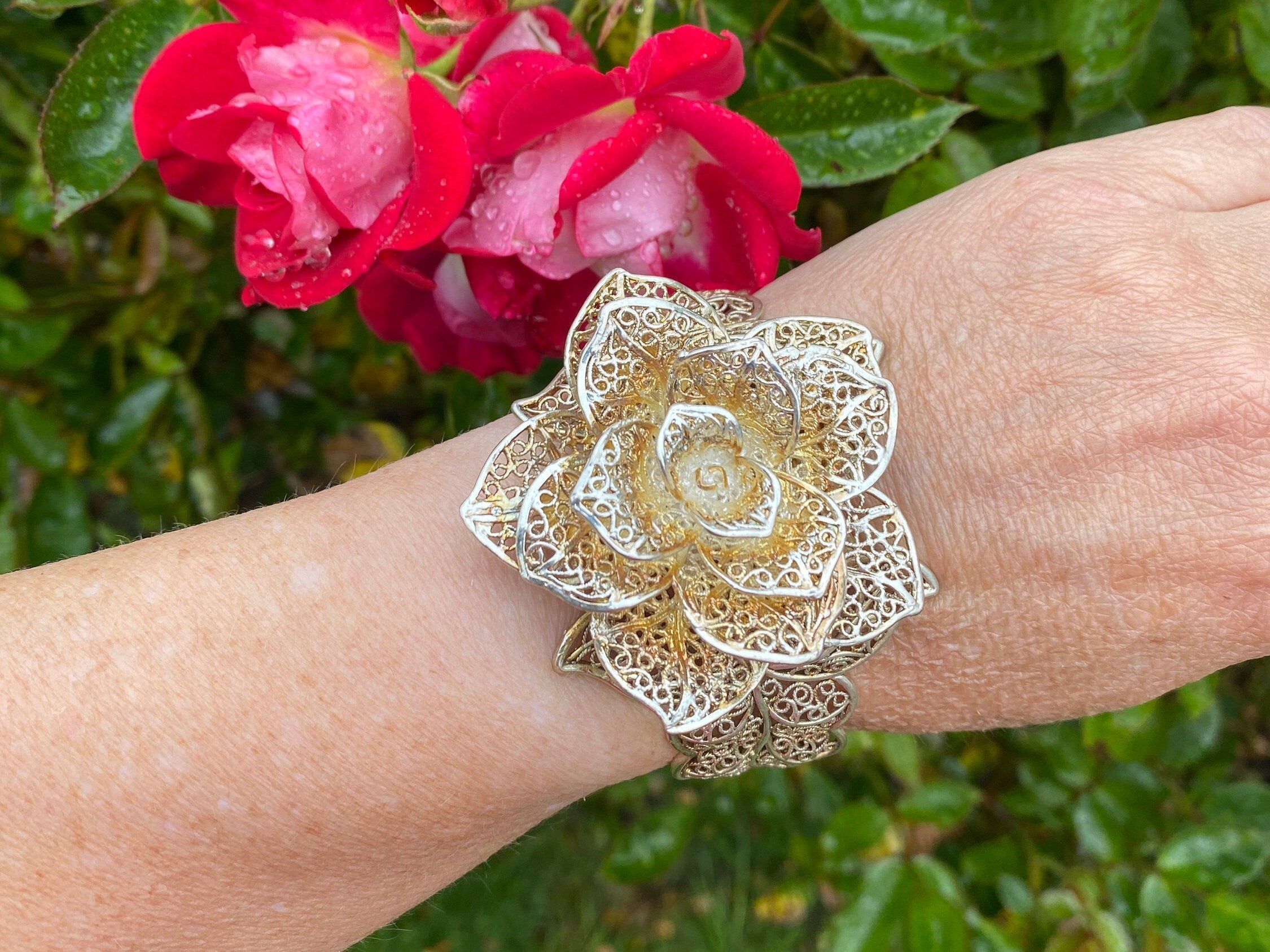 Rose Corsage Bracelet In Silver Plated Filigree.