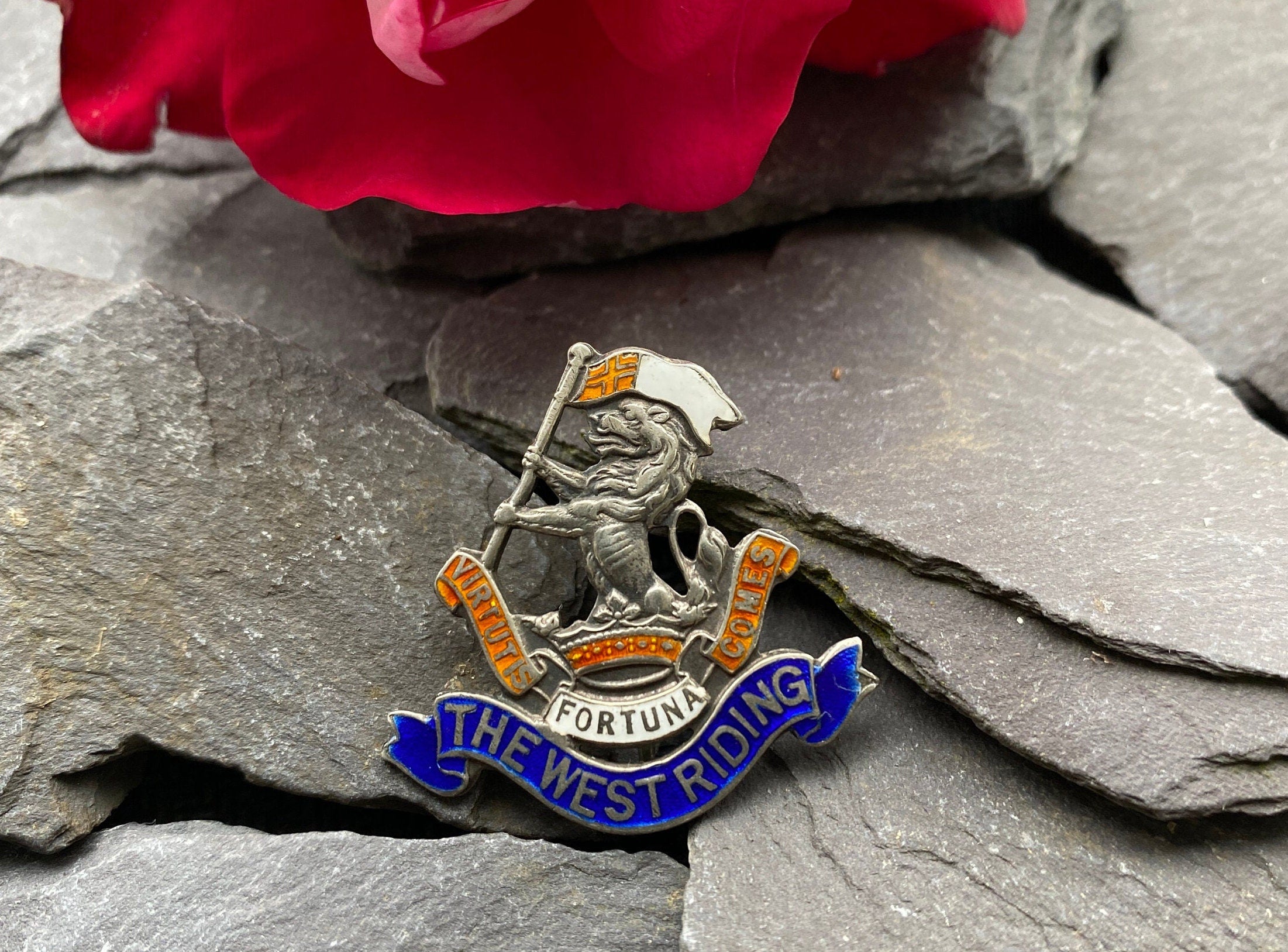 The Duke Of Wellington Regiment Antique Brooch in Sterling Silver and Enamel .