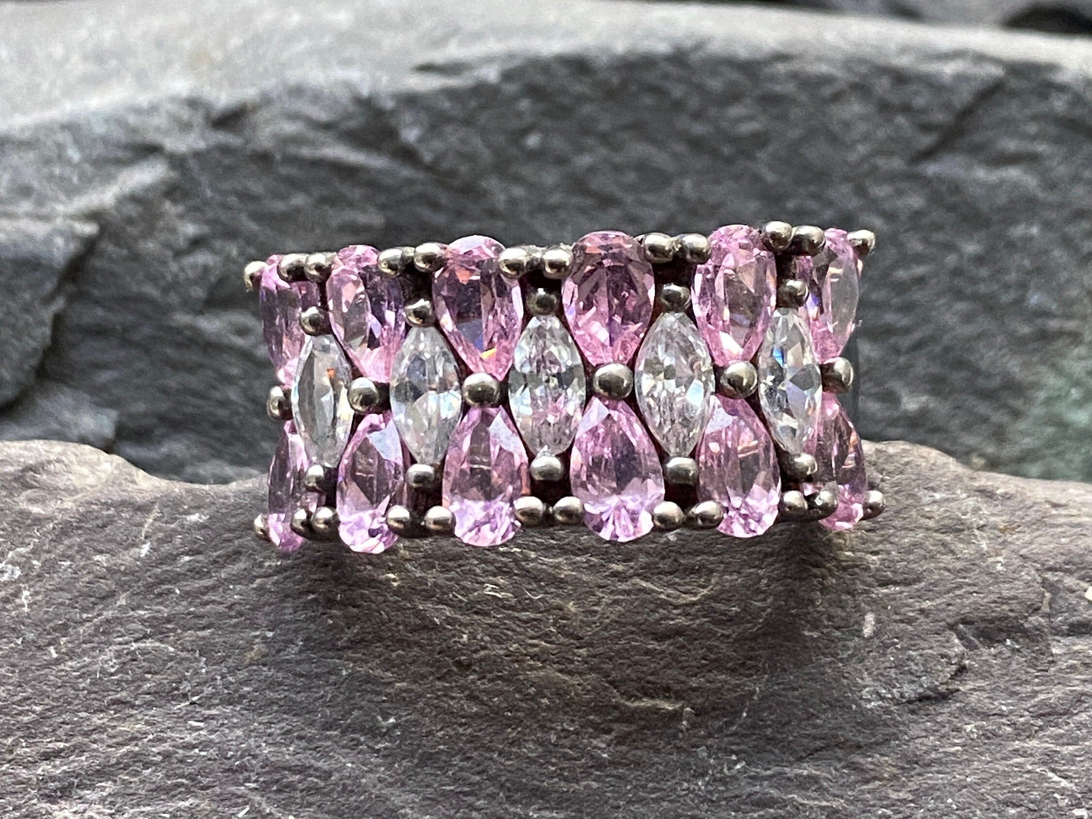 Pink & White Wide Band Ring Set With Cubic Zirconia In Sterling Silver Size P or 7 3/4 US.