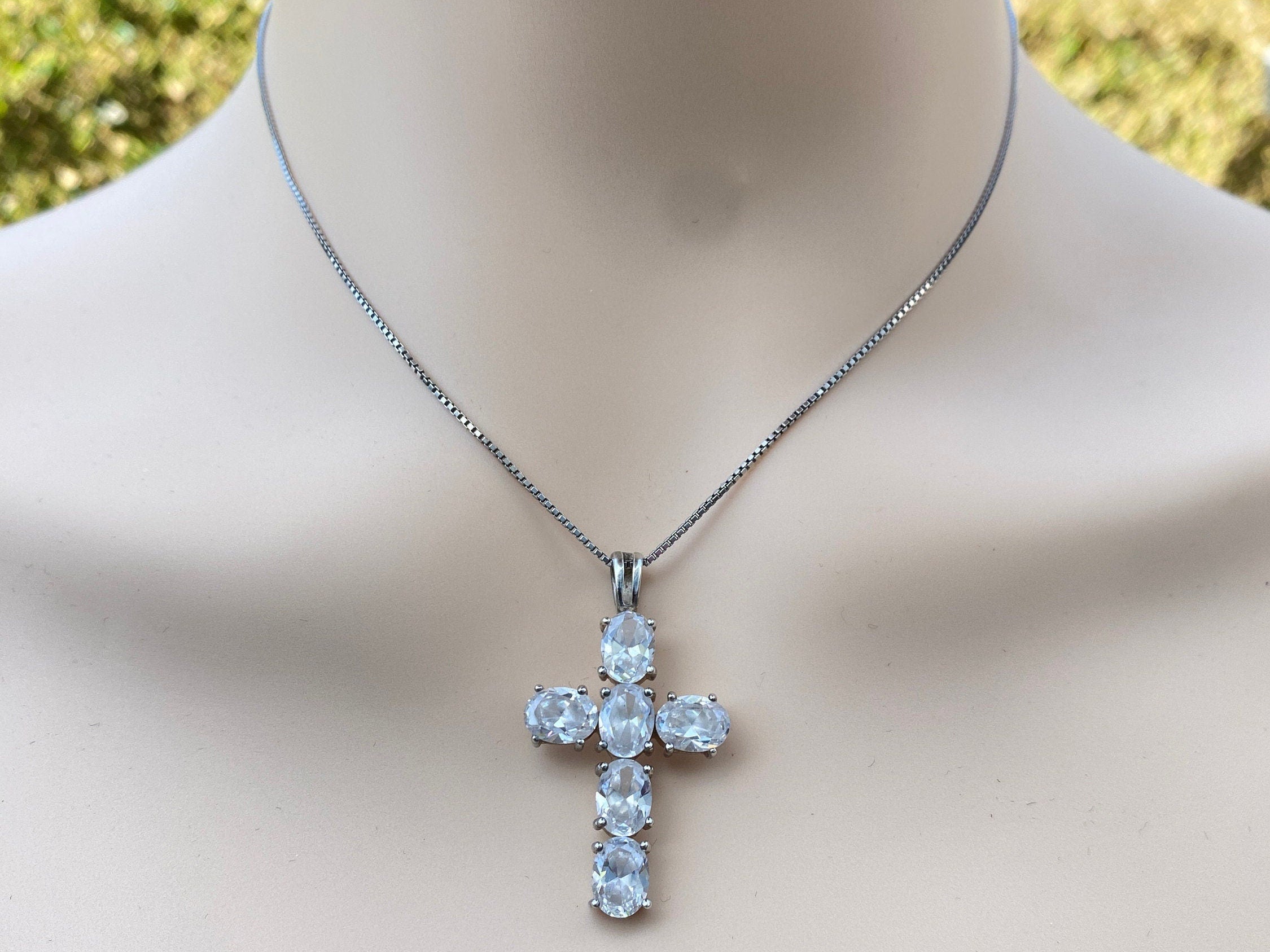 Sterling Silver Cross & Box Chain Set With Cubic Zirconia.