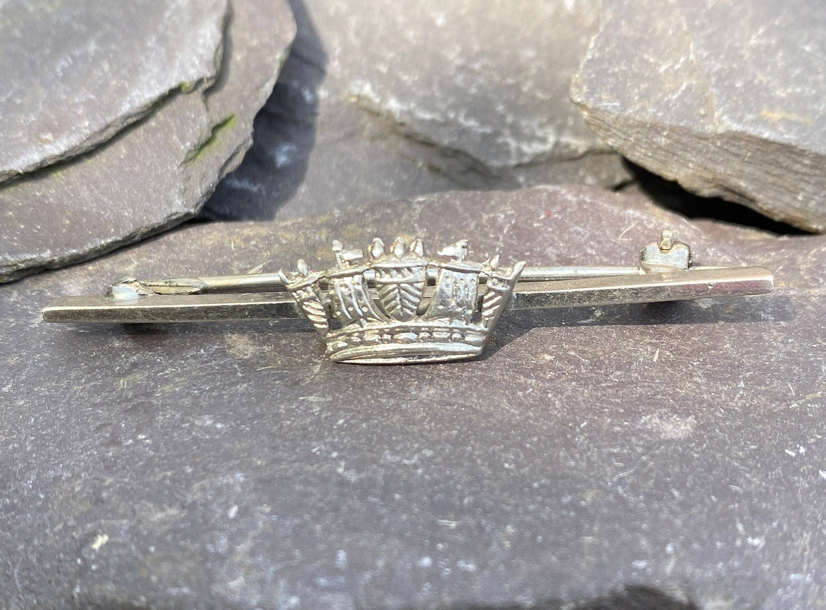 Vintage Naval Crown Brooch In Sterling Silver.