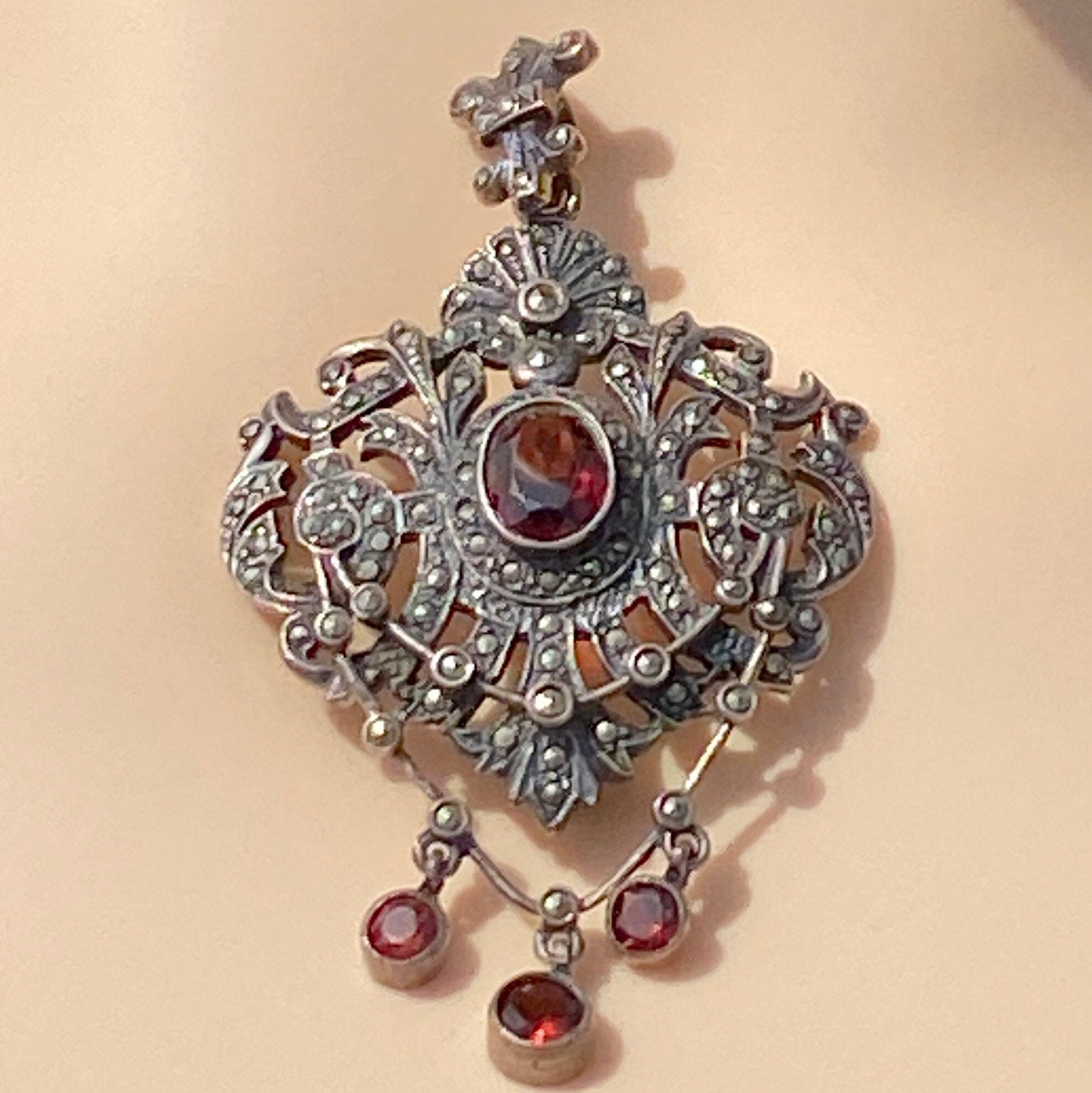 Gothic Pendant Brooch Set With Garnet & Marcasite in Sterling Silver.