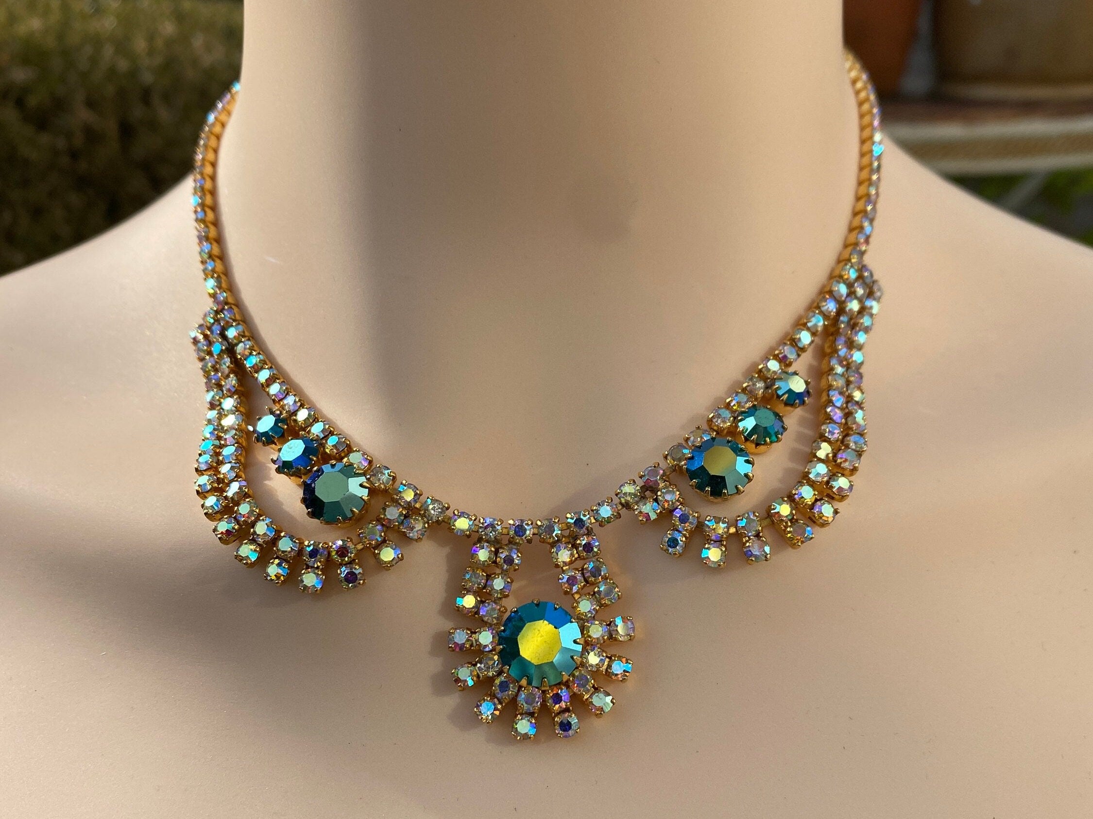 Vintage Rainbow Rhinestone Festoon Prom Necklace.